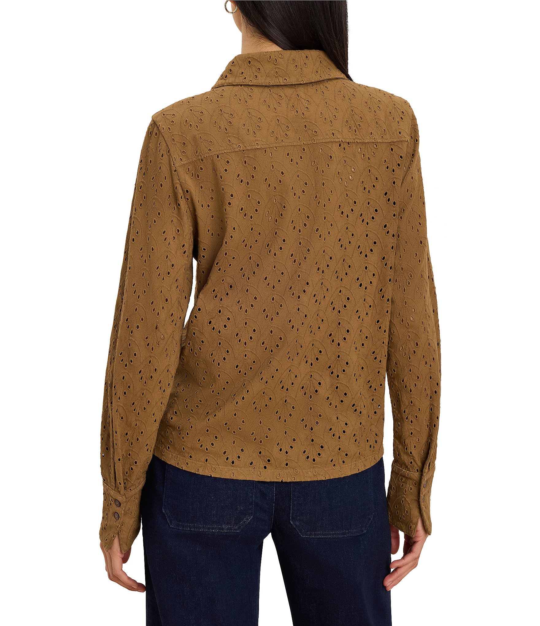 NIC + ZOE Knit Allover Eyelet Pop Point Collar Long Sleeve Button-Front Top