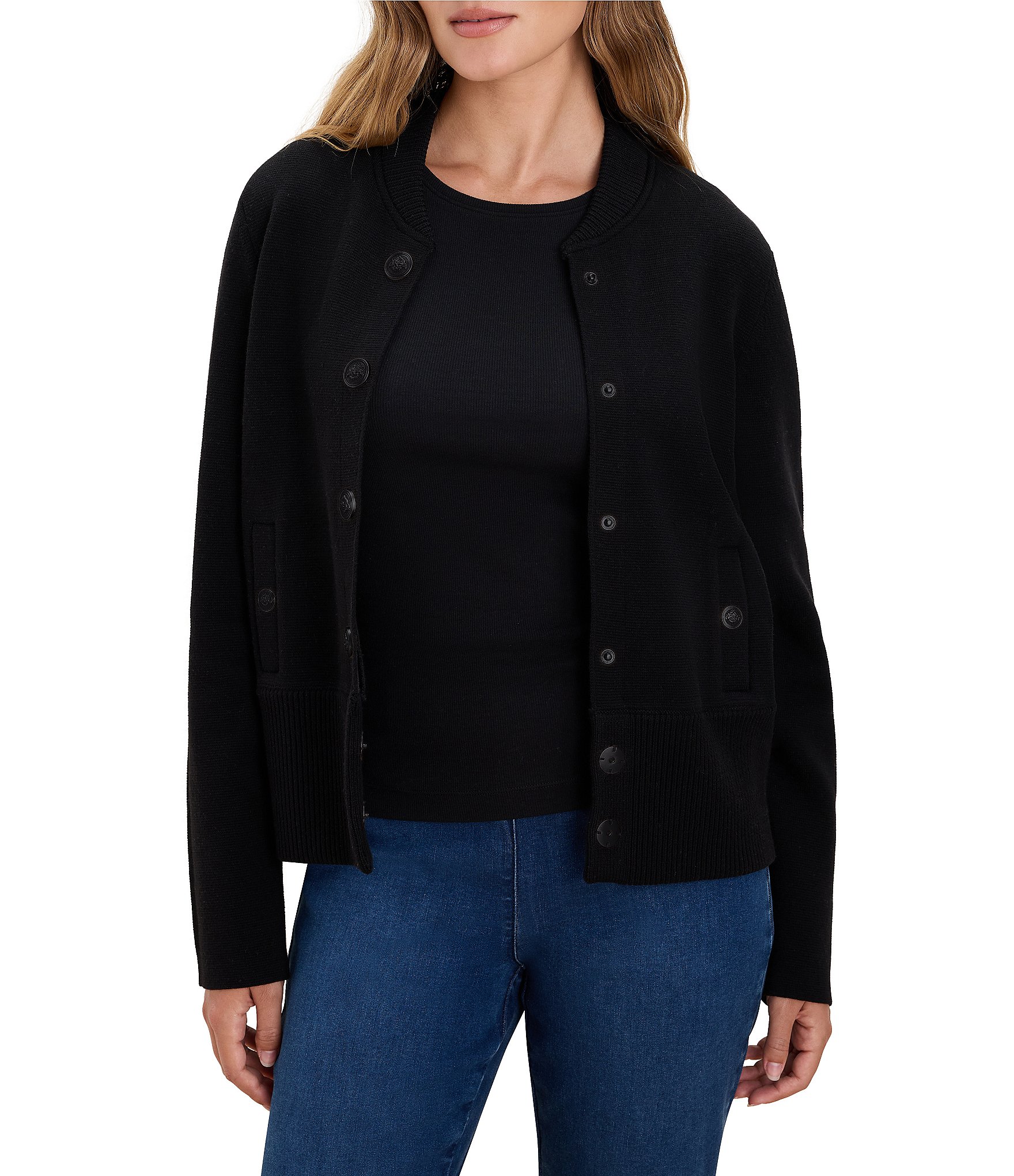 NIC + ZOE Knit Band Collar Long Sleeve Snap Bomber Jacket