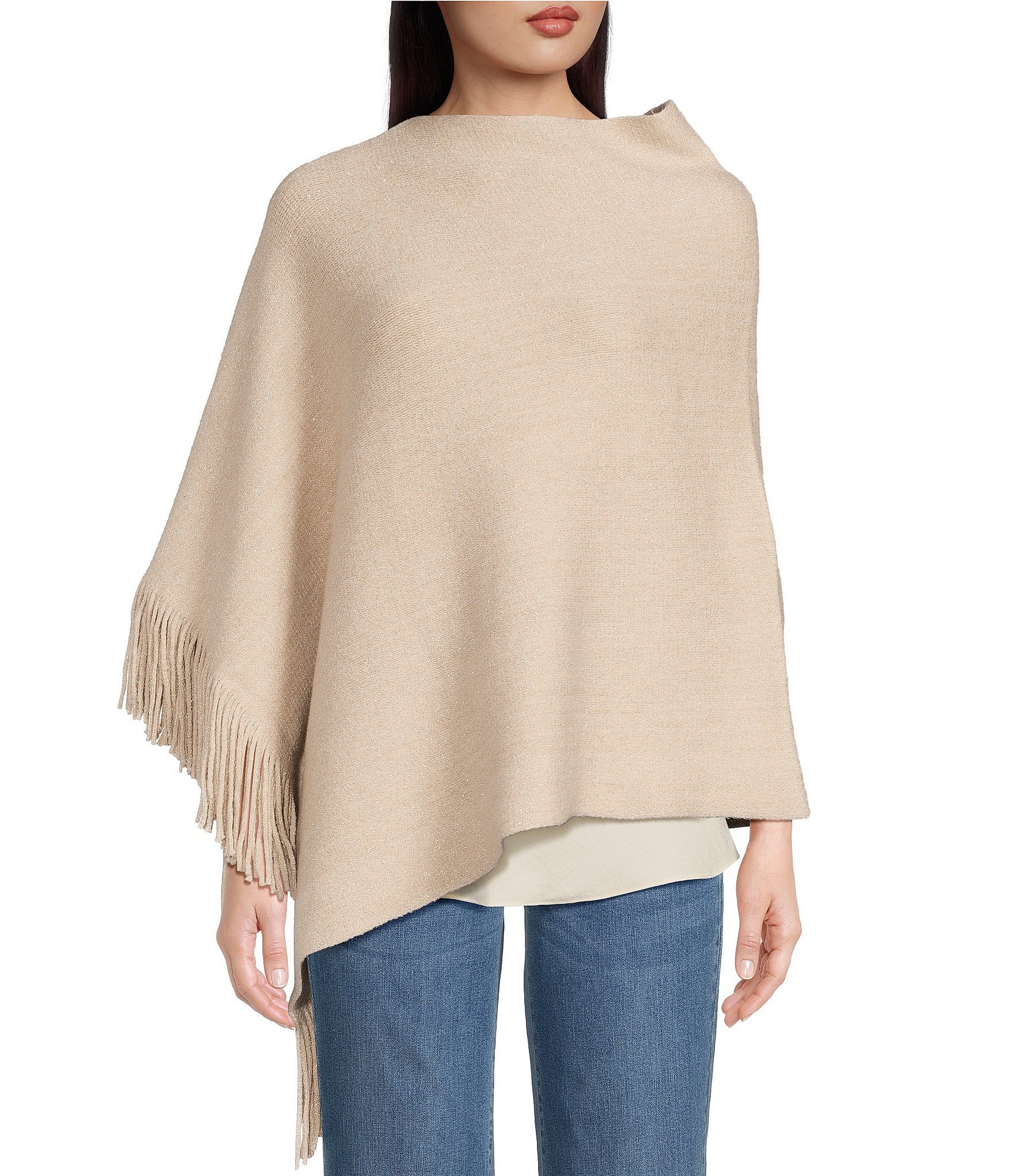 NIC + ZOE Knit Boat Neck 3/4 Sleeve Asymmetric Side Fringe Go To Poncho ...