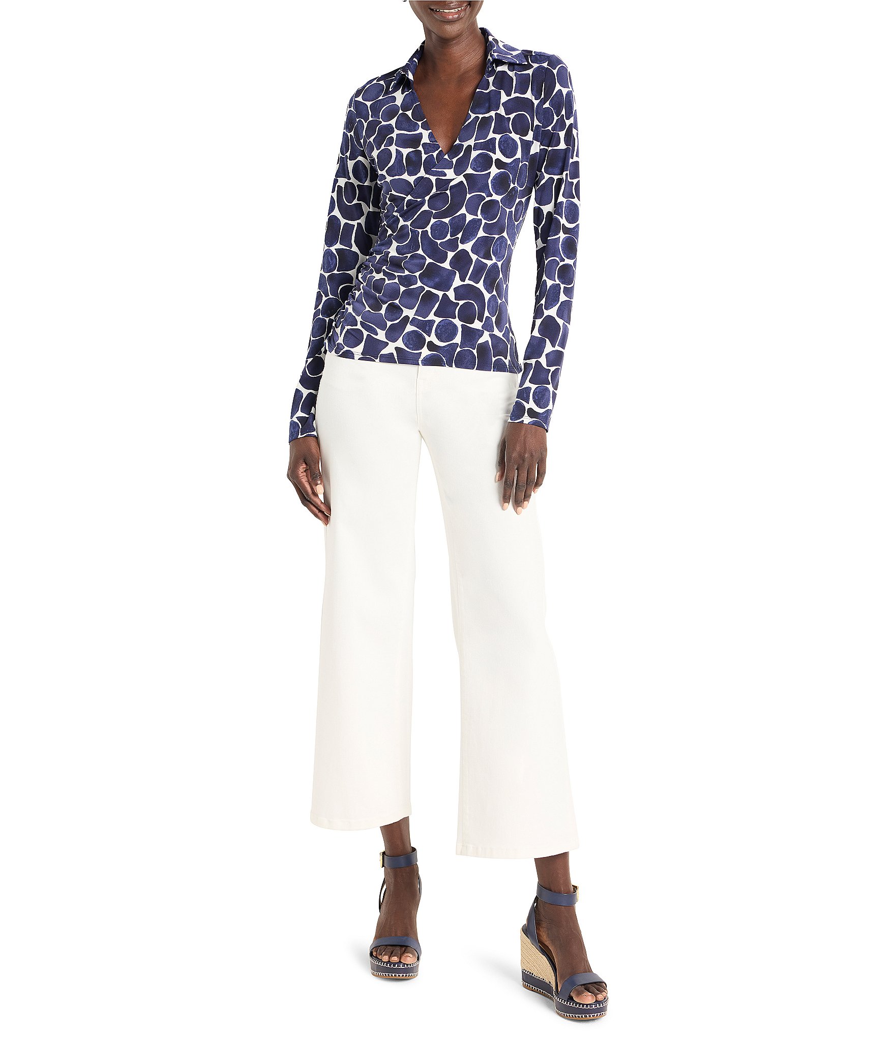 NIC + ZOE Knit Geo Pebble Print Collar V-Neck Long Sleeve Wrap Shirt