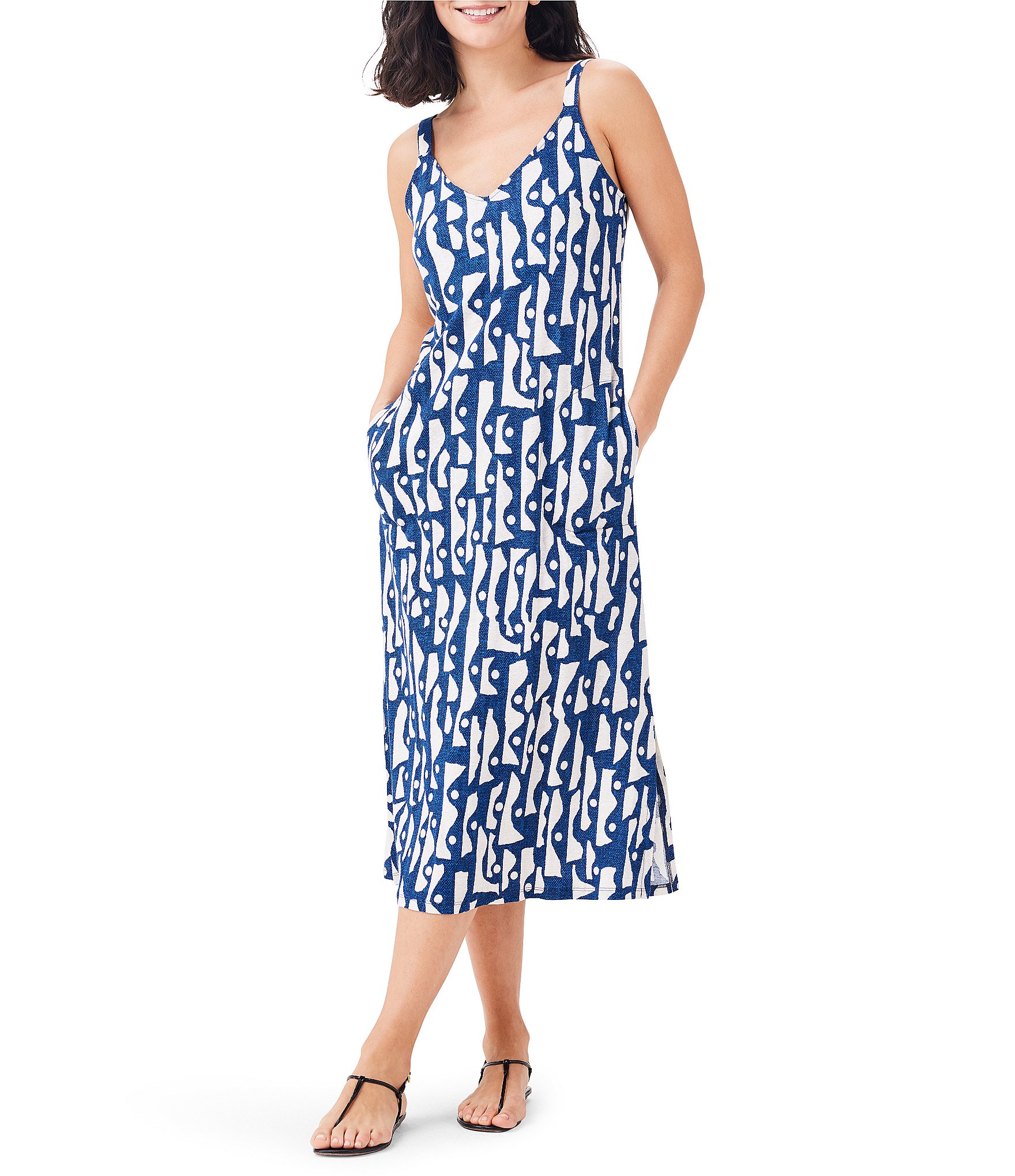 NIC + ZOE Knit High Seas Print V-Neck Sleeveless Sheath Tank Midi Dress ...