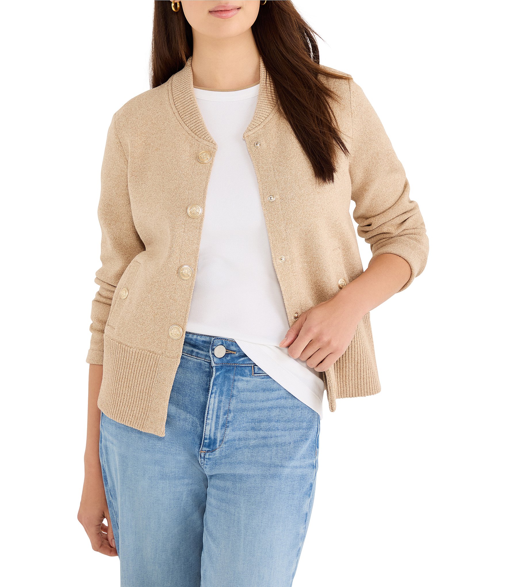 NIC + ZOE Knit Rib Collar Long Sleeve Snap Front Bomber Jacket