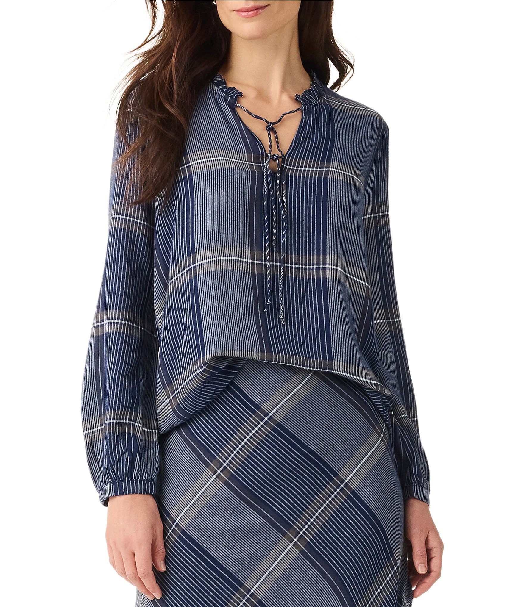 NIC + ZOE Line It Up Woven Plaid Print Ruffle Collar Long Sleeve Top