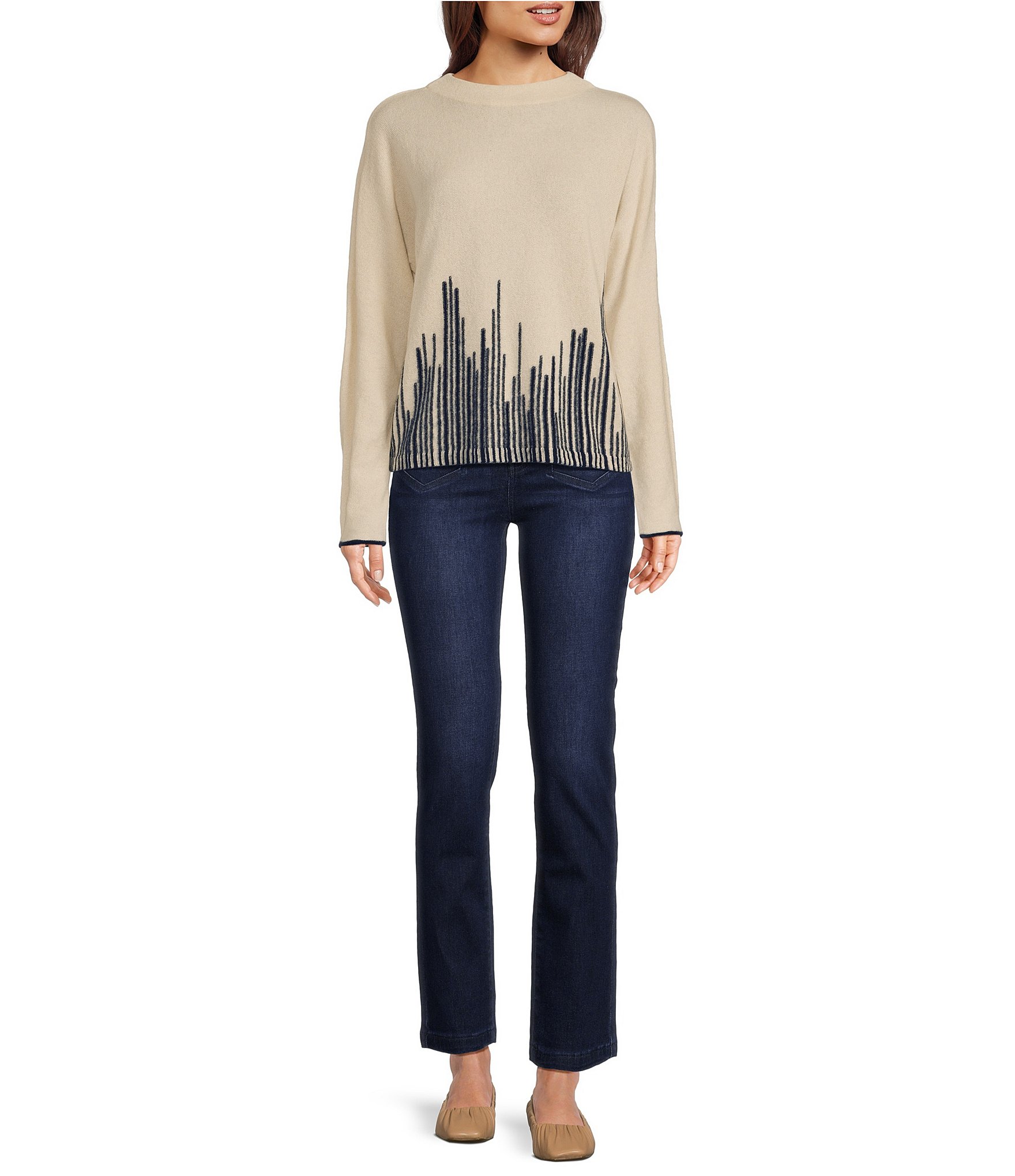 NIC + ZOE Luxe Cashmere Flame Stitch Bateau Neck Long Sleeve Sweater