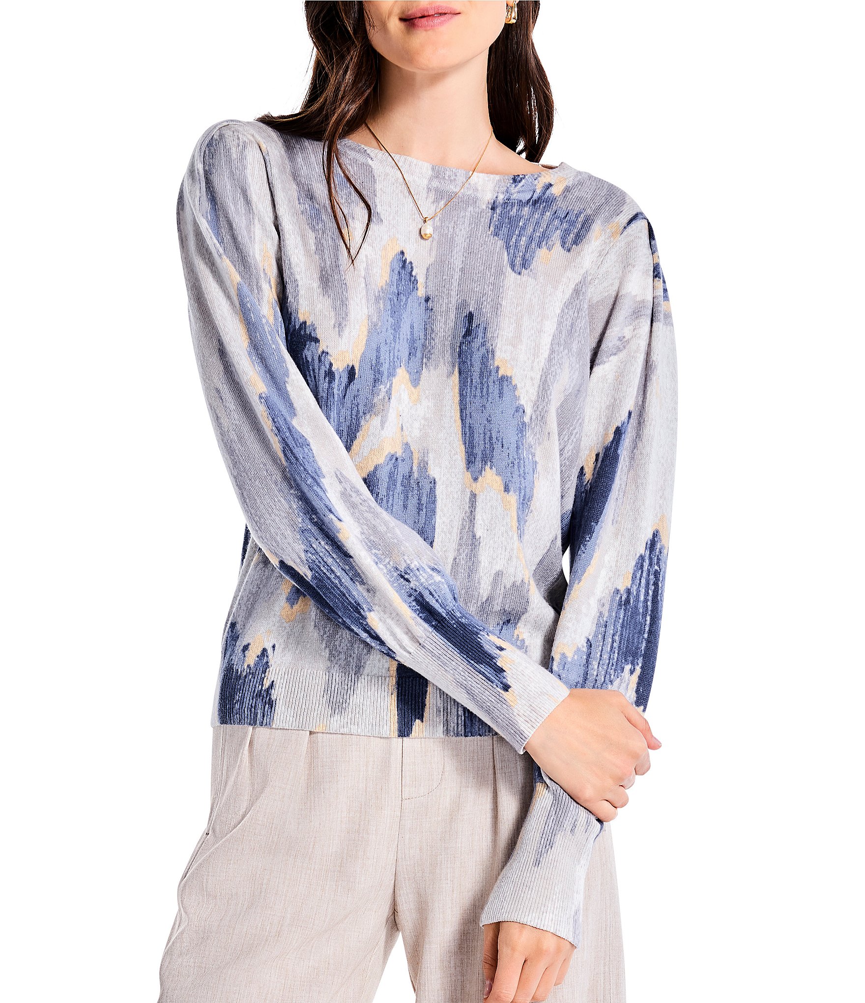 NIC + ZOE Misty Ikat Soft Knit Printed Crew Neck Long Sleeve Sweater ...