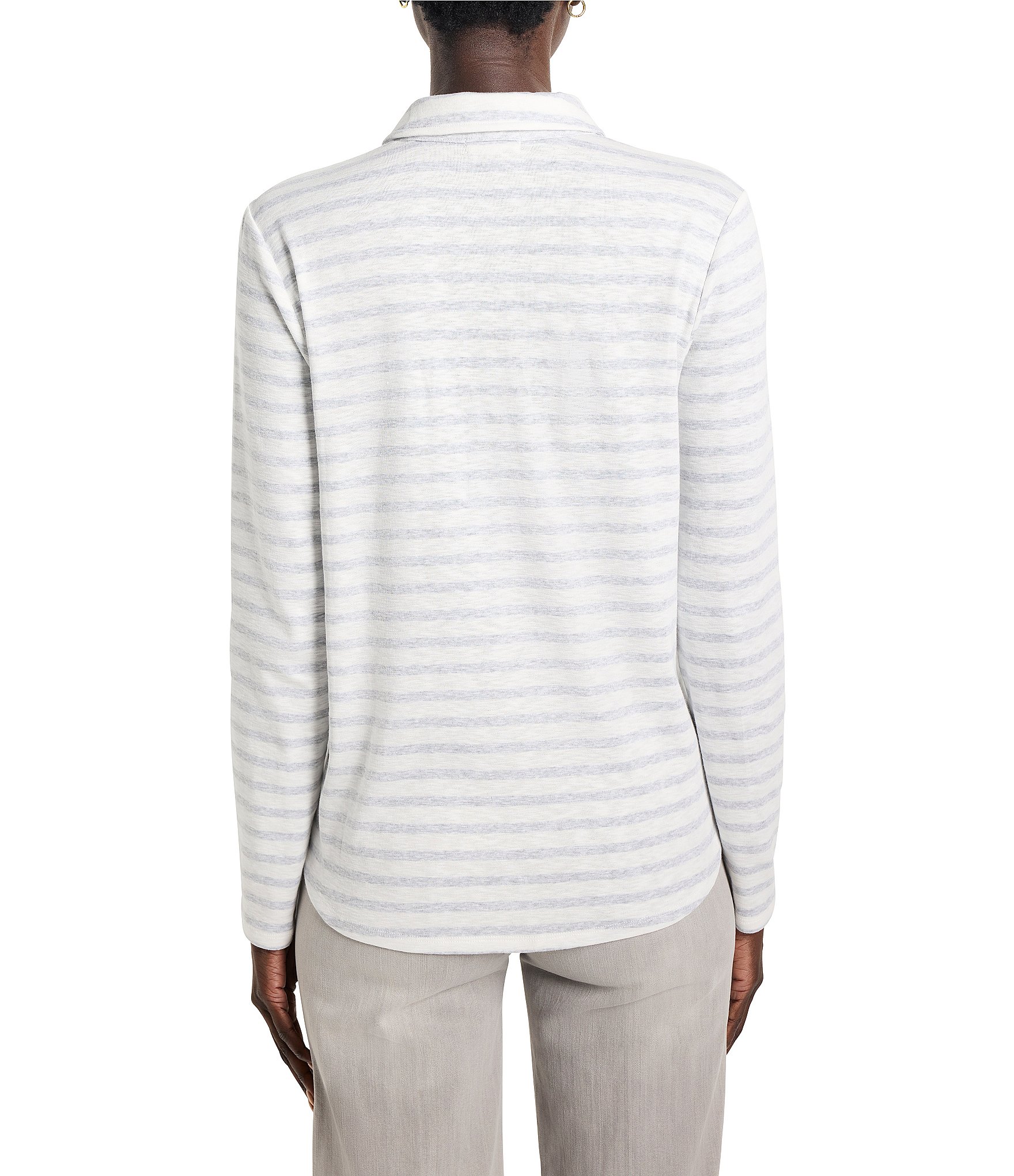NIC + ZOE NZT Knit Striped Easy Fit Polo Split Neck Long Sleeve Shirt
