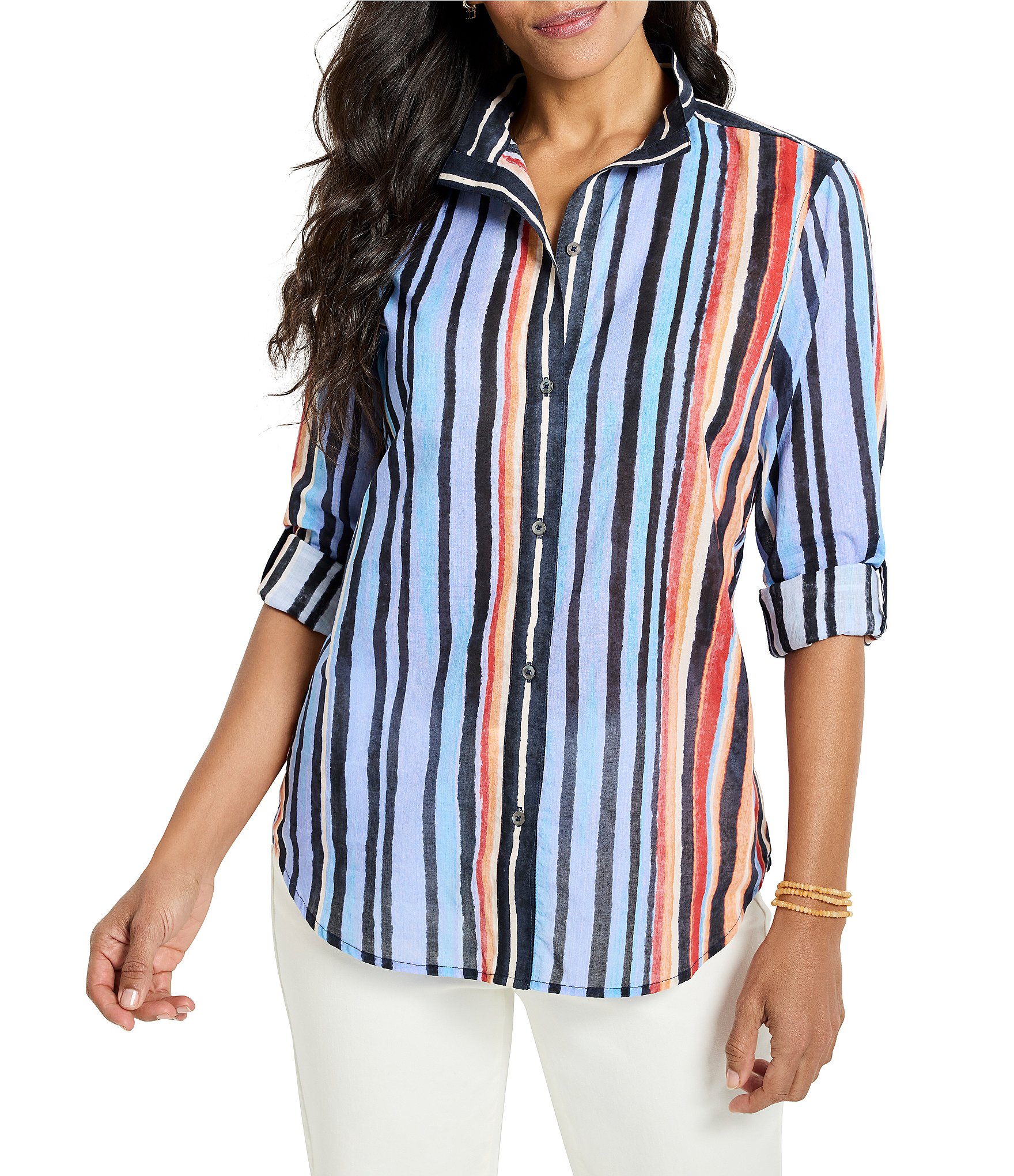 NIC + ZOE Painted Peninsula Stripe Point Collar Long Sleeve Button Front Shirt