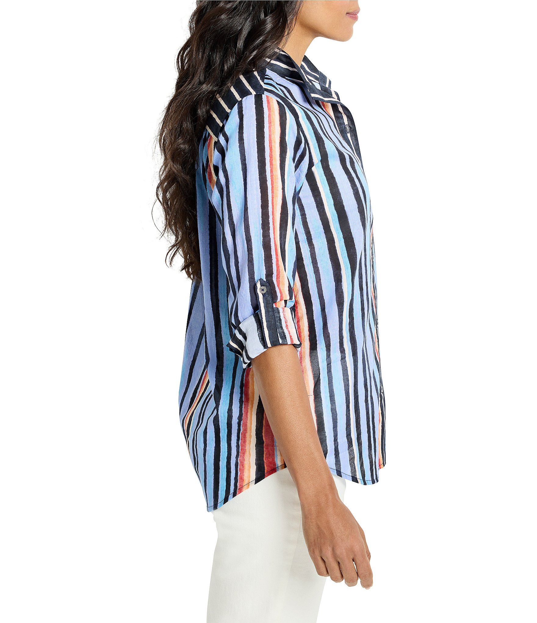 NIC + ZOE Painted Peninsula Stripe Point Collar Long Sleeve Button Front Shirt