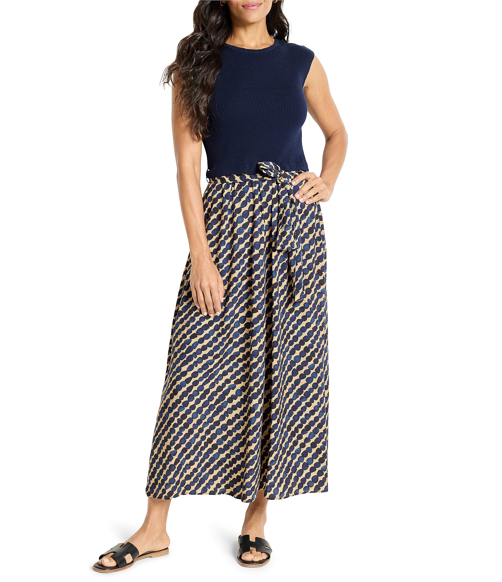 NIC + ZOE Pebble Dream Mixed Media Round Neck Cap Sleeve Tie Waist Dress