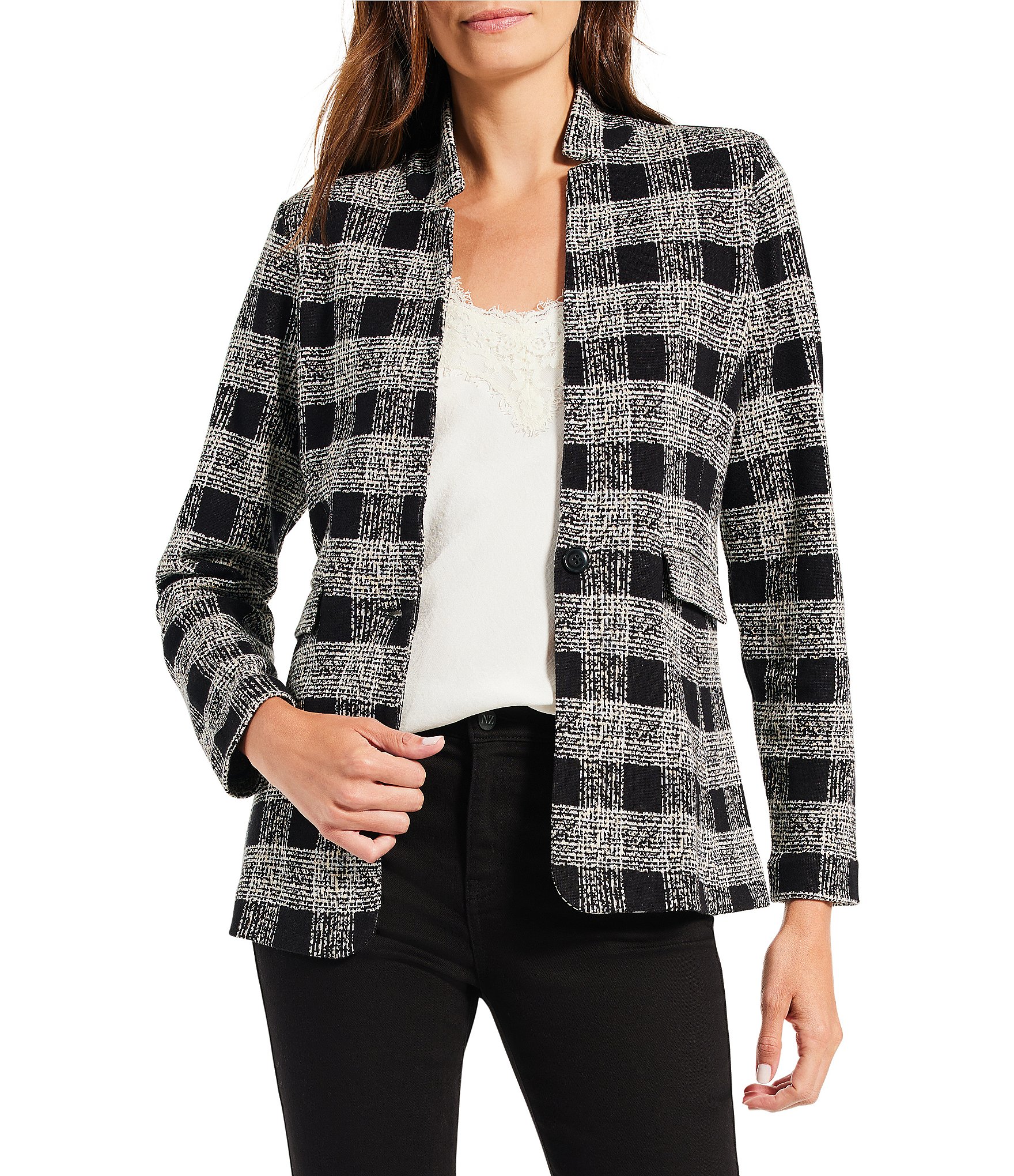 NIC + ZOE Perfectly Plaid Knit Stand Collar Long Sleeve Pocketed One ...