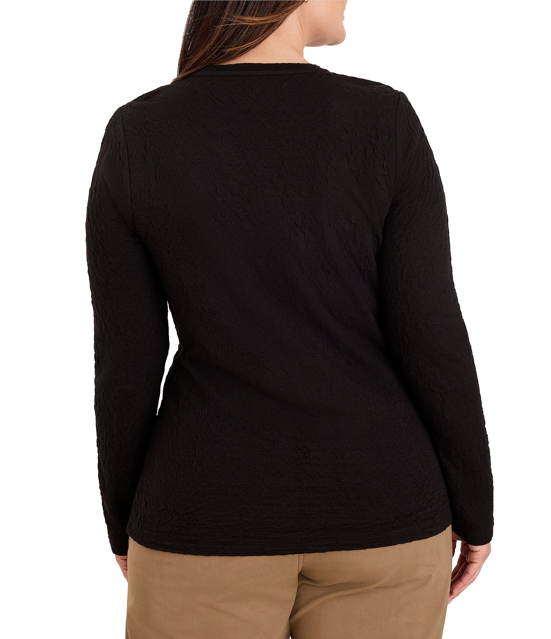 NIC + ZOE Plus Size Crinkle Knit Textured Crew Neck Long Sleeve Fitted Top