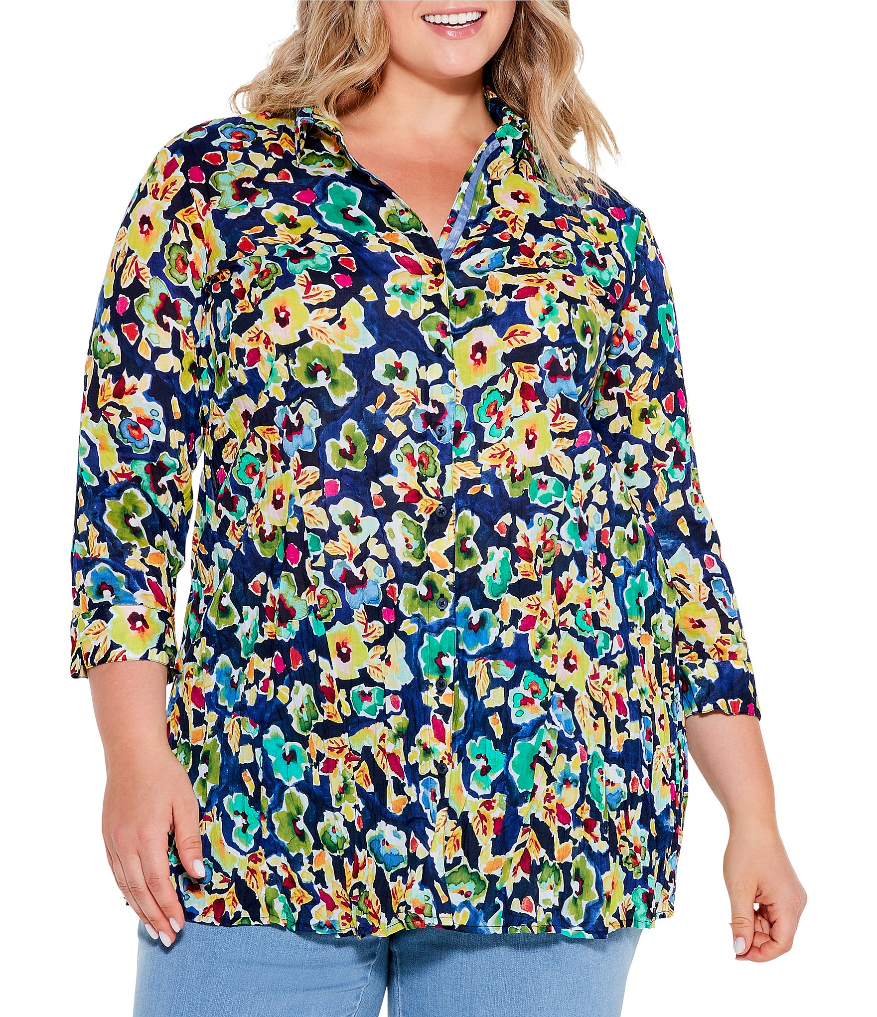 NIC + ZOE Plus Size Crinkle Woven Bold Blossoms Floral Print Point ...