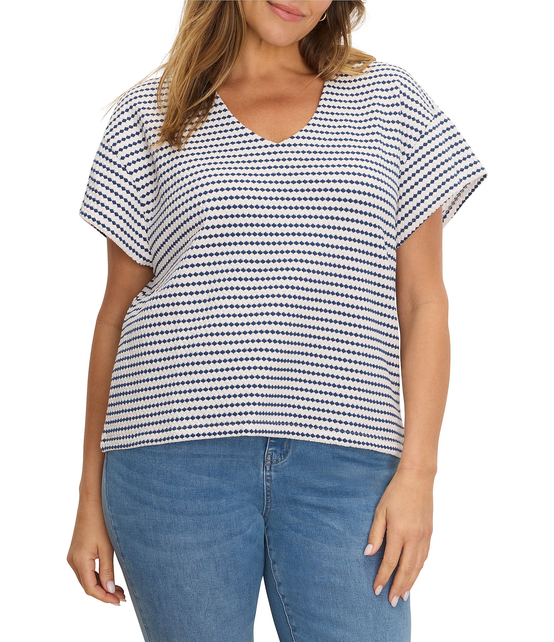 NIC + ZOE Plus Size Diamond Stripe Knit V-Neck Cap Sleeve Tee Top