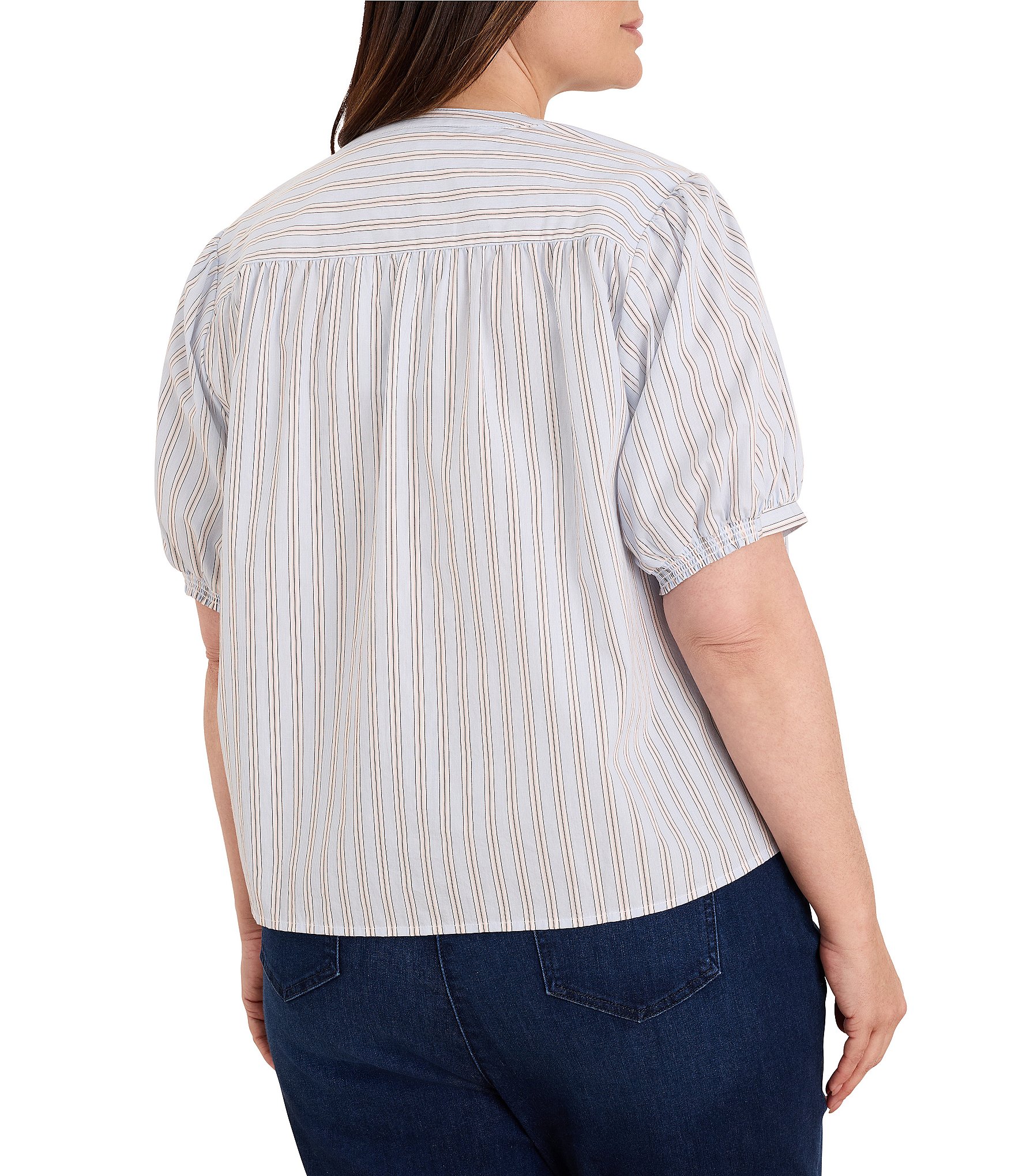 NIC + ZOE Plus Size Eton Stripe Round Neck Short Sleeve Button-Front Shirt