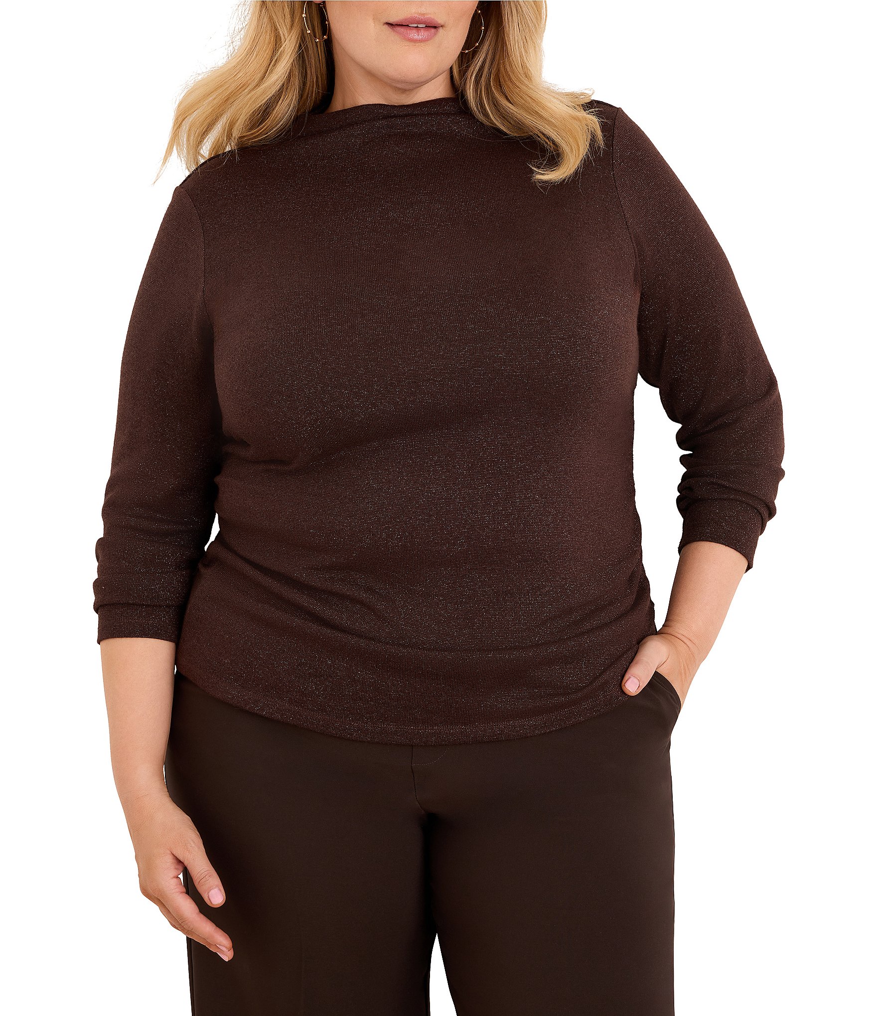 NIC + ZOE Plus Size Everyday Sparkle Funnel Neck Long Sleeve Ruched Knit Tee Top