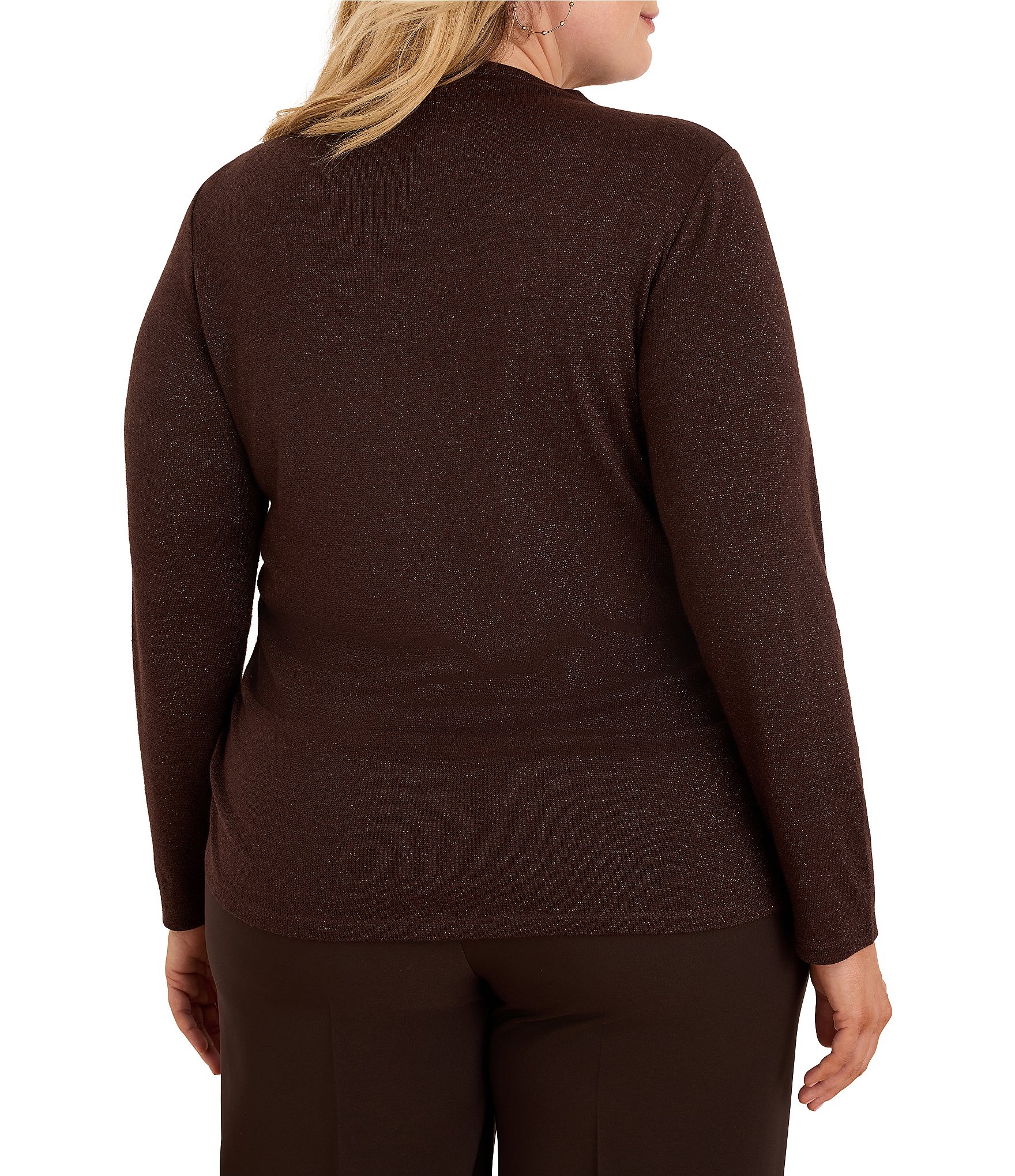 NIC + ZOE Plus Size Everyday Sparkle Funnel Neck Long Sleeve Ruched Knit Tee Top