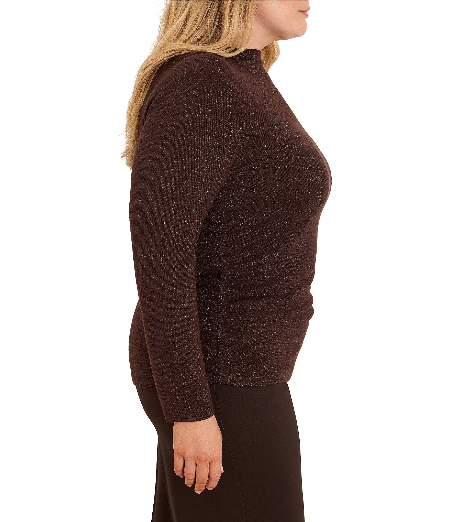 NIC + ZOE Plus Size Everyday Sparkle Funnel Neck Long Sleeve Ruched Knit Tee Top