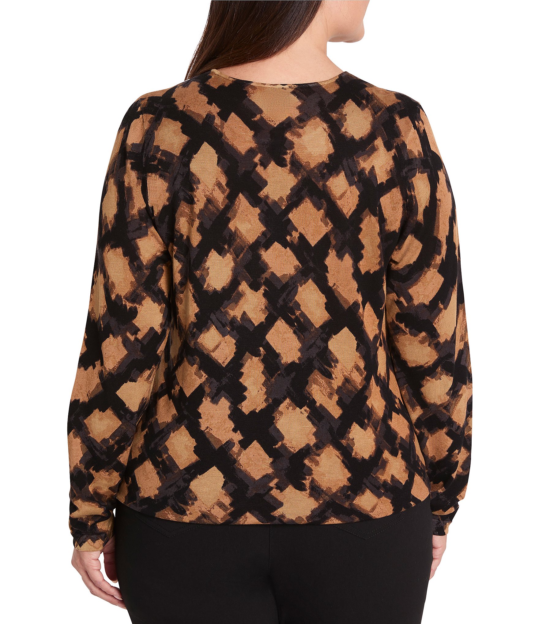 NIC + ZOE Plus Size Glowy Check Knit Round Neck Long Sleeve Top