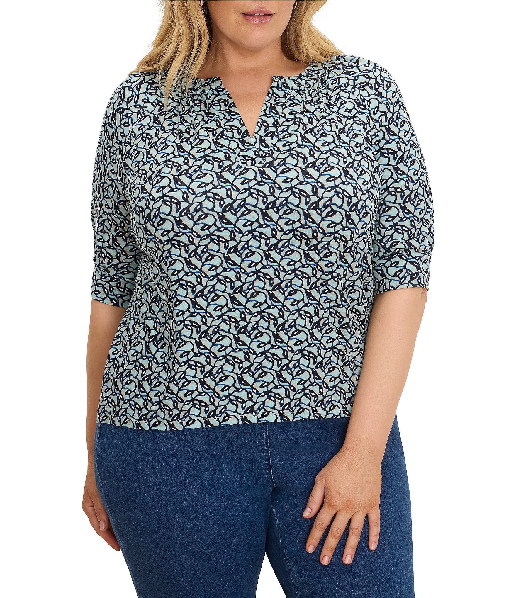 NIC + ZOE Plus Size Knit Abstract Vines Print Split V-Neck Elbow Sleeve Top