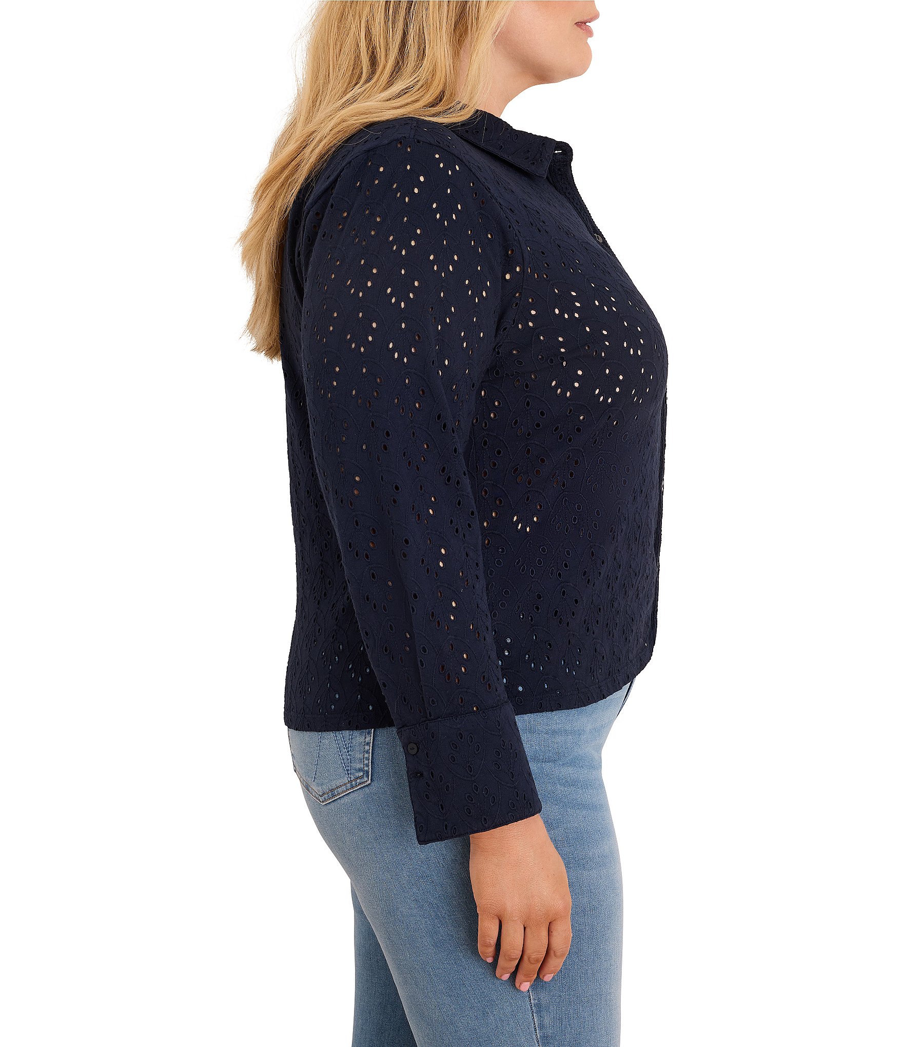 NIC + ZOE Plus Size Knit Allover Eyelet Pop Point collar Long Sleeve Button-Front Top