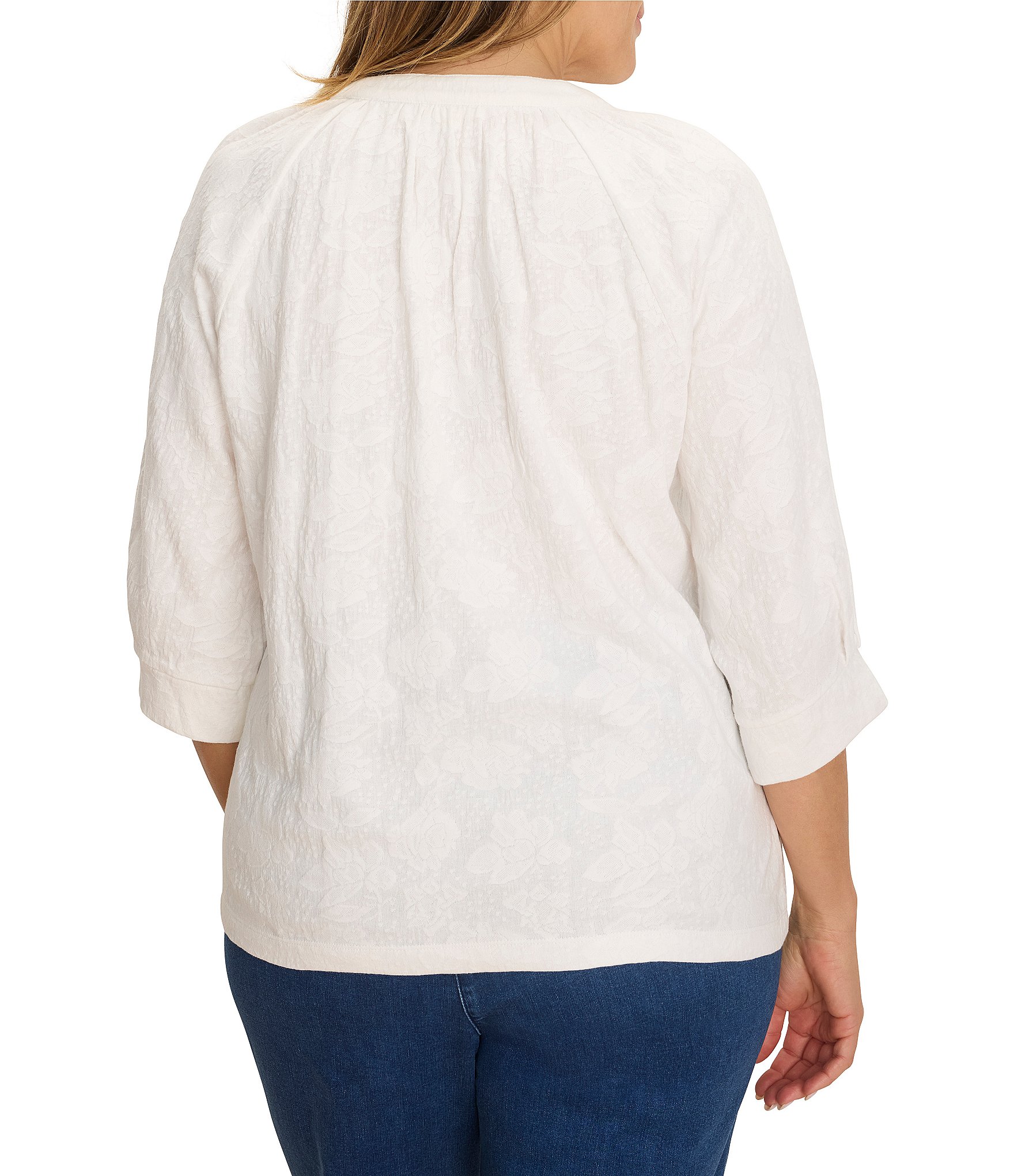 NIC + ZOE Plus Size Lace Knit Split V-Neck 3/4 Sleeve Top