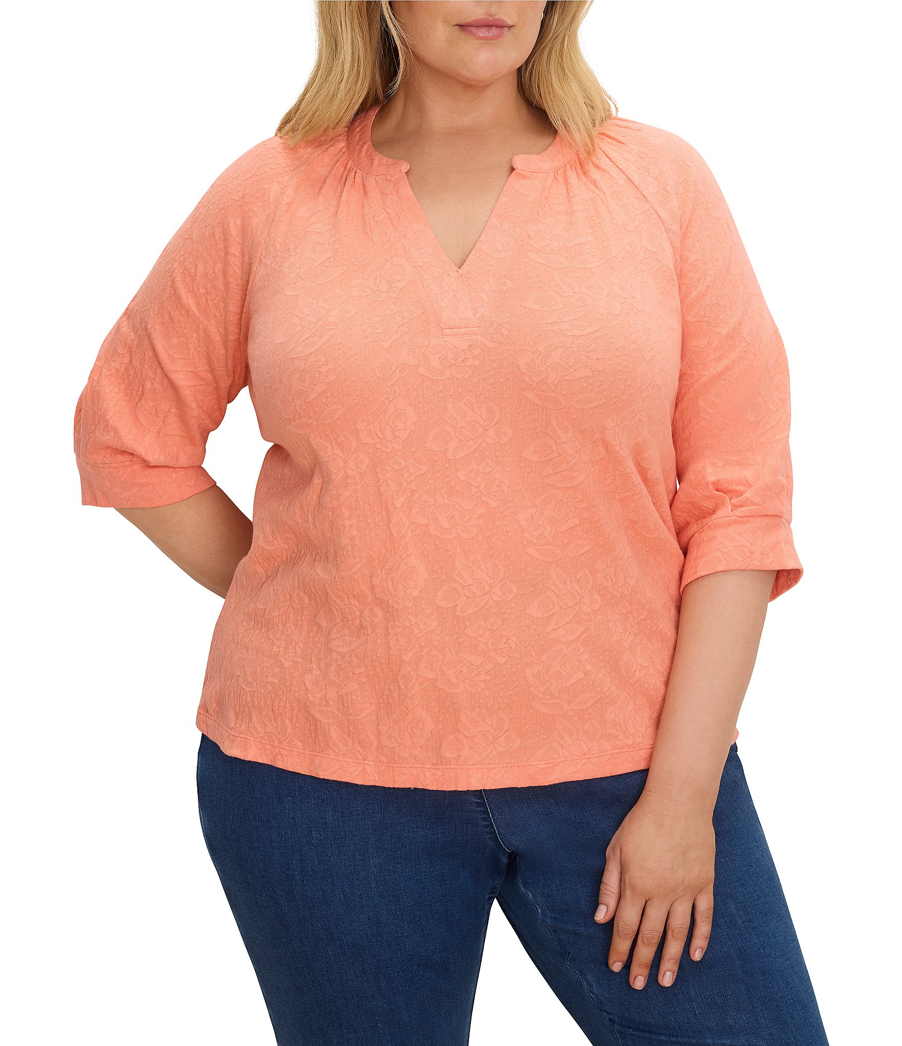 NIC + ZOE Plus Size Lace Knit Split V-Neck 3/4 Sleeve Top