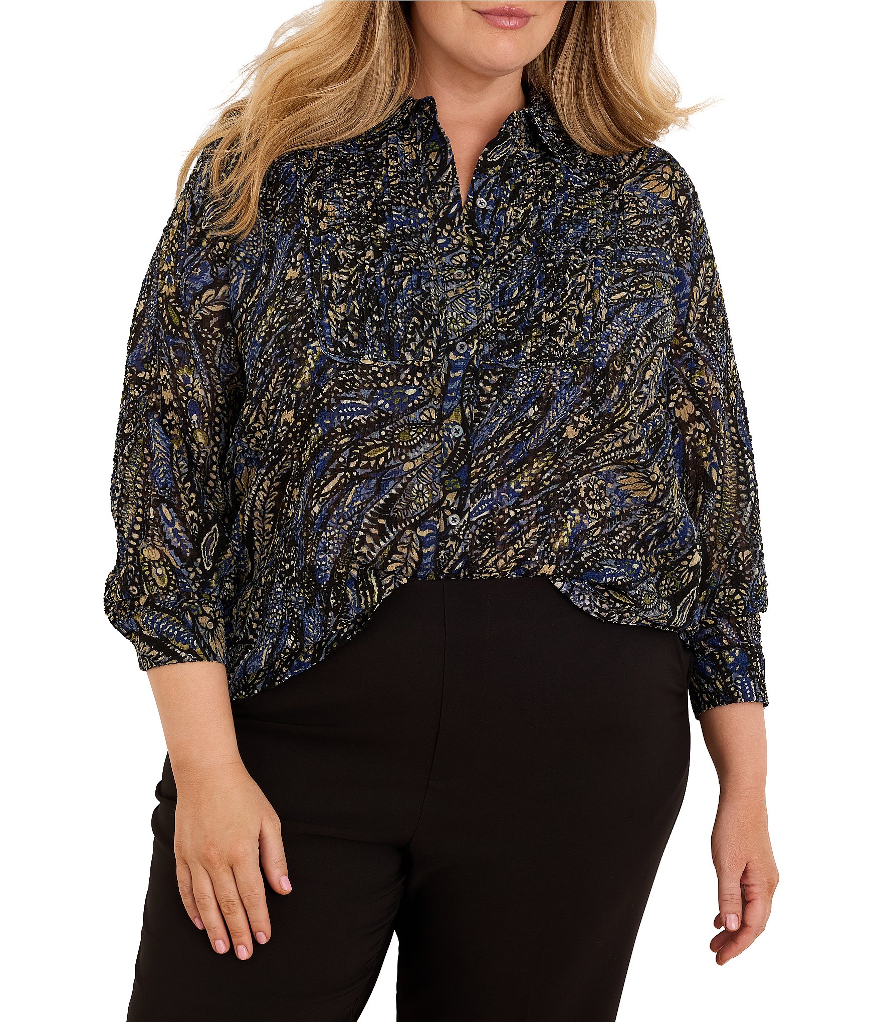 NIC + ZOE Plus Size Portobello Paisley Point Collar Long Sleeve Button-Front Chiffon Shirt