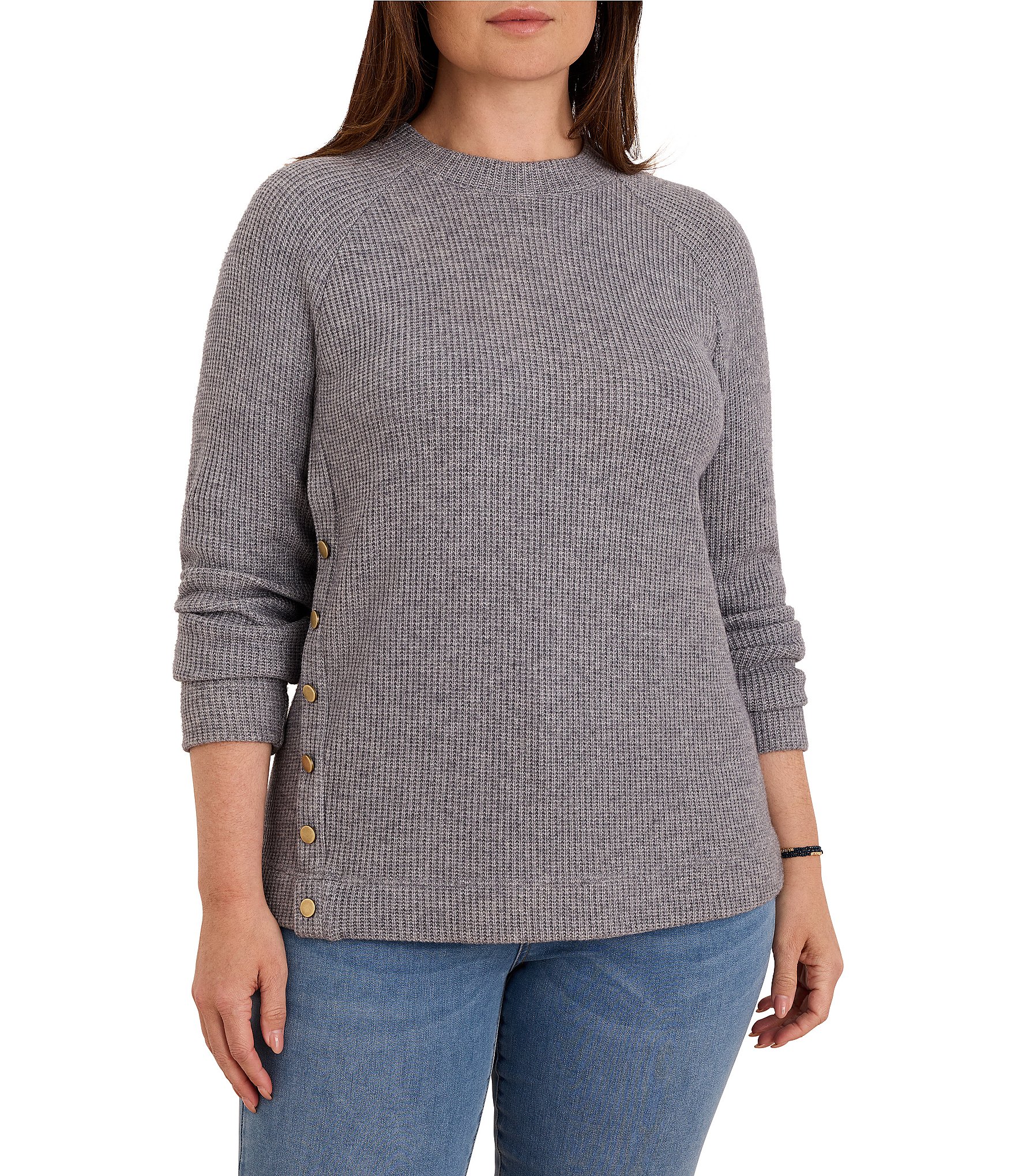 NIC + ZOE Plus Size Soft Waffle Crew Neck Long Raglan Sleeve Side Button Top