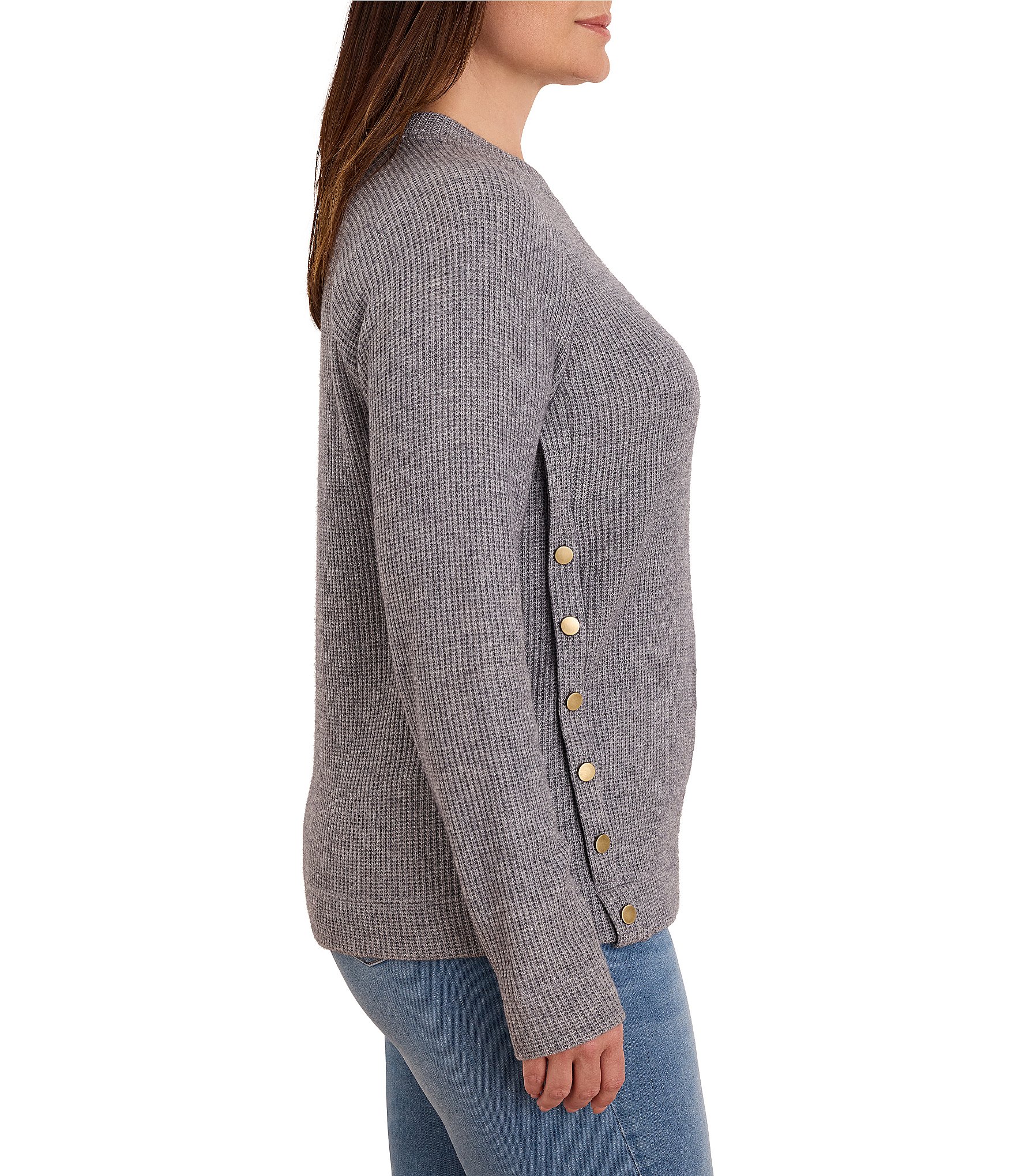 NIC + ZOE Plus Size Soft Waffle Crew Neck Long Raglan Sleeve Side Button Top