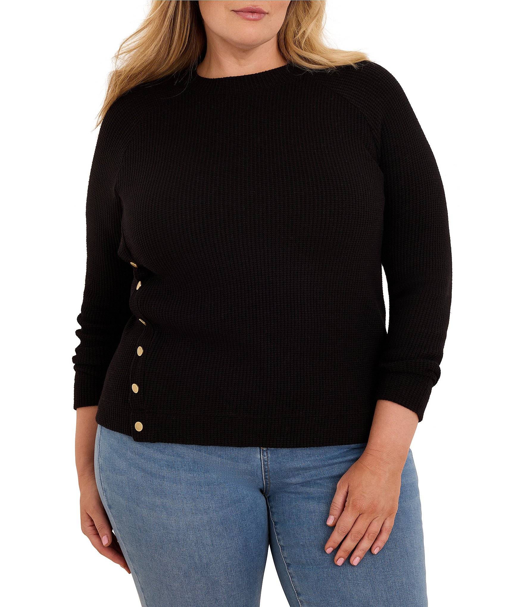 NIC + ZOE Plus Size Soft Waffle Crew Neck Long Raglan Sleeve Side Button Top