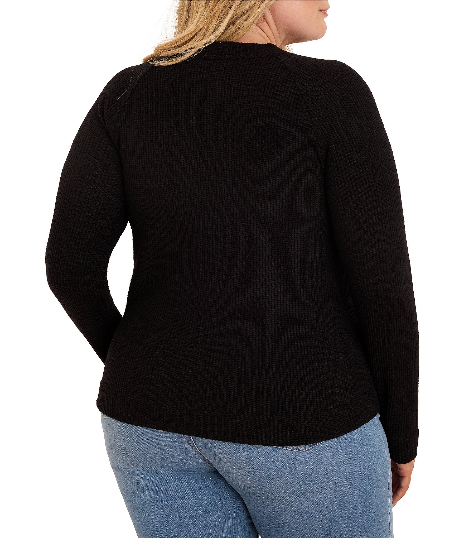NIC + ZOE Plus Size Soft Waffle Crew Neck Long Raglan Sleeve Side Button Top