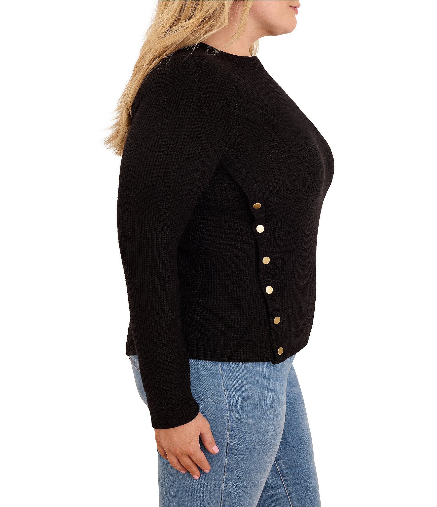 NIC + ZOE Plus Size Soft Waffle Crew Neck Long Raglan Sleeve Side Button Top