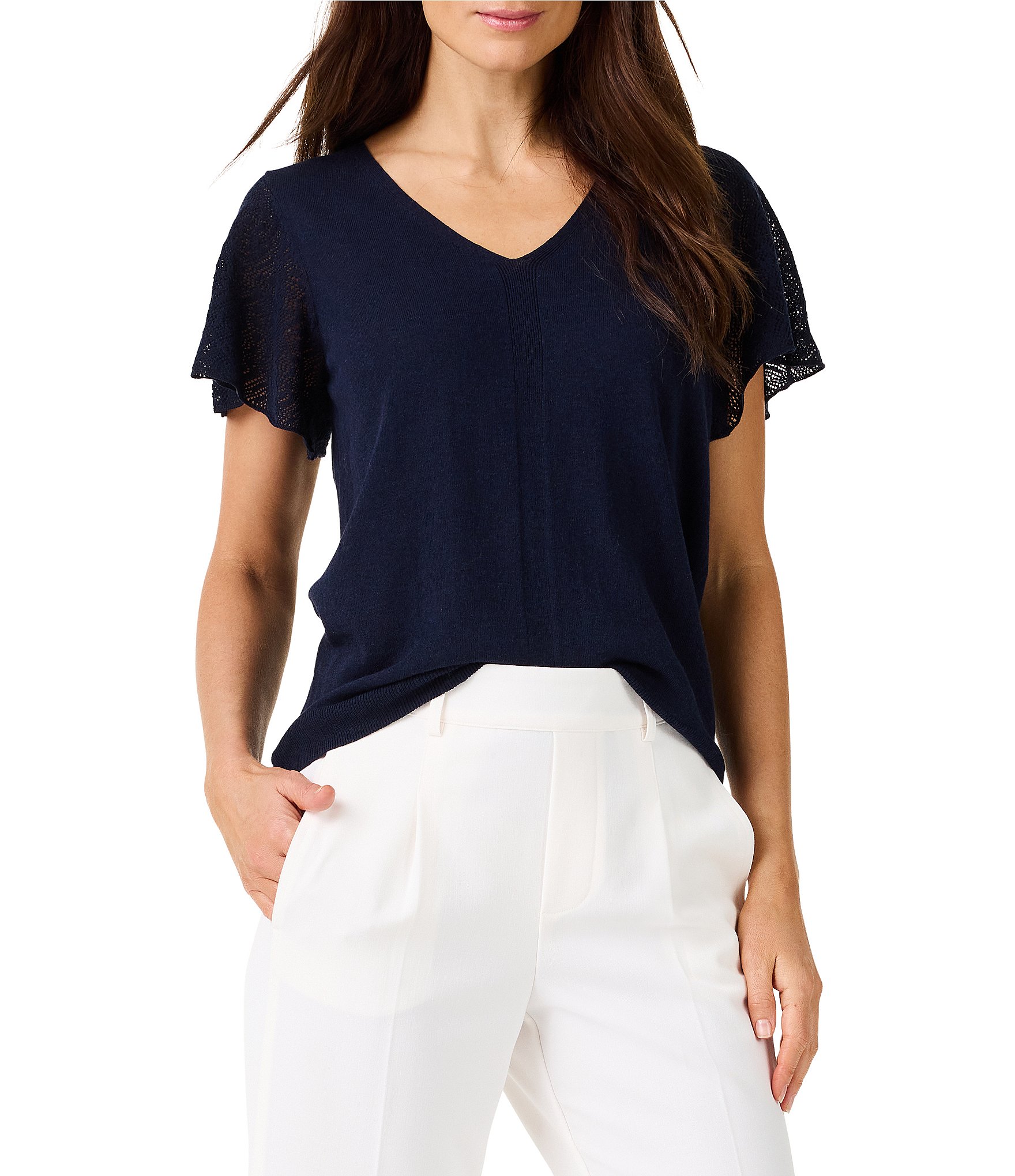 NIC + ZOE Pointelle Knit V-Neck Short Flutter Sleeve Top | Dillard's