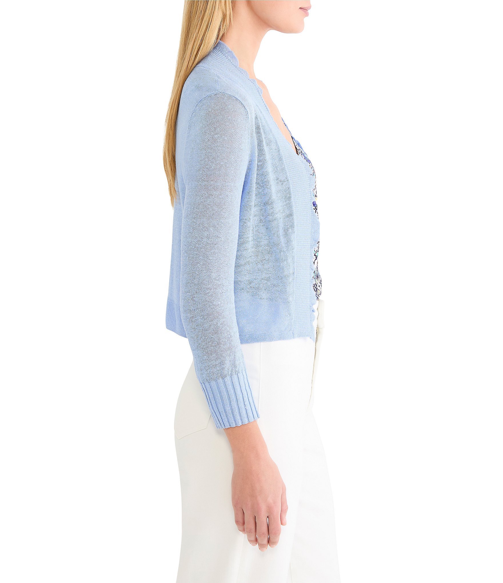 NIC + ZOE Ruffle Feather Knit Open Front Elbow Sleeve Cardigan