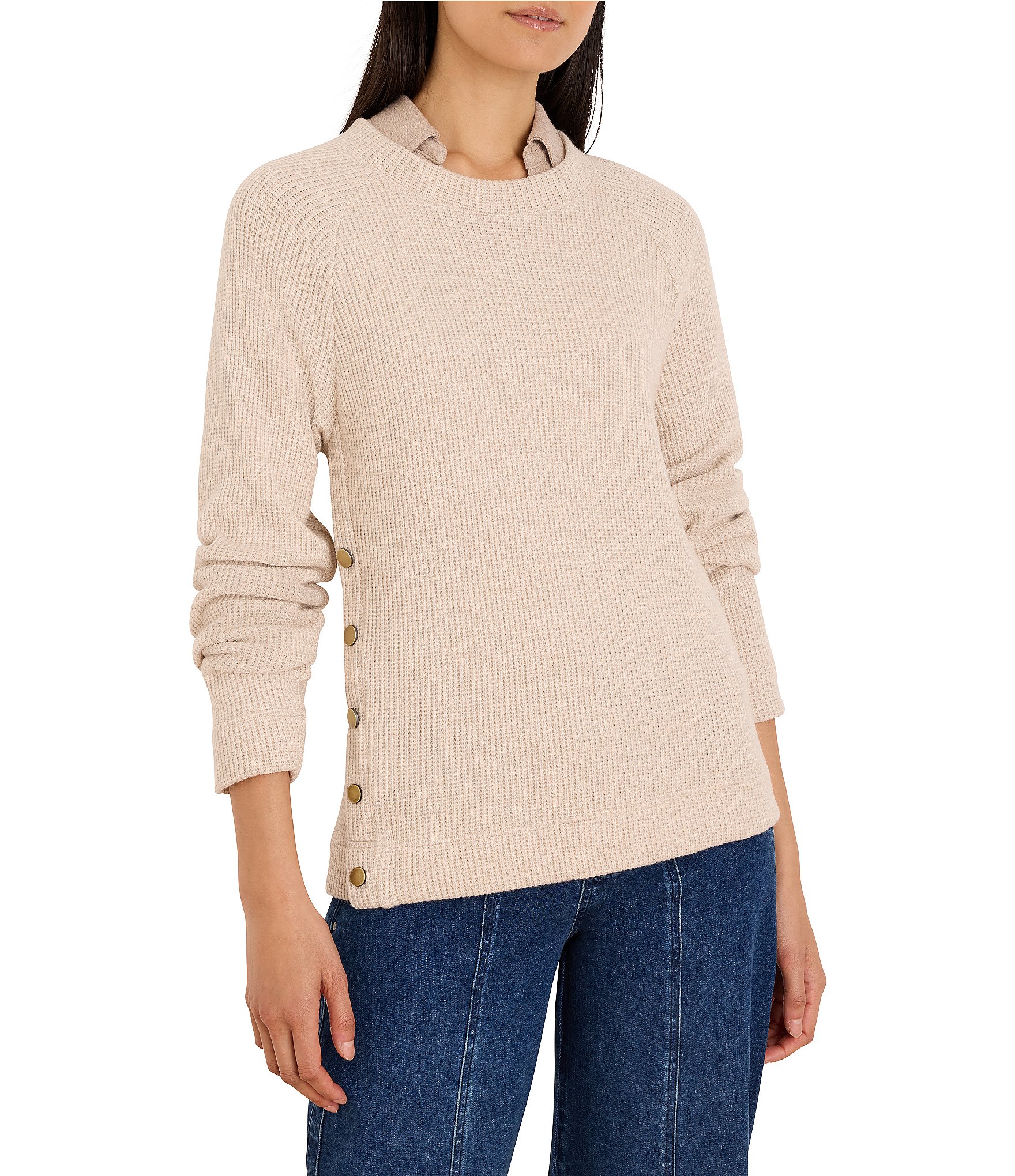 NIC + ZOE Soft Waffle Round Neck Long Raglan Sleeve Side Button Top