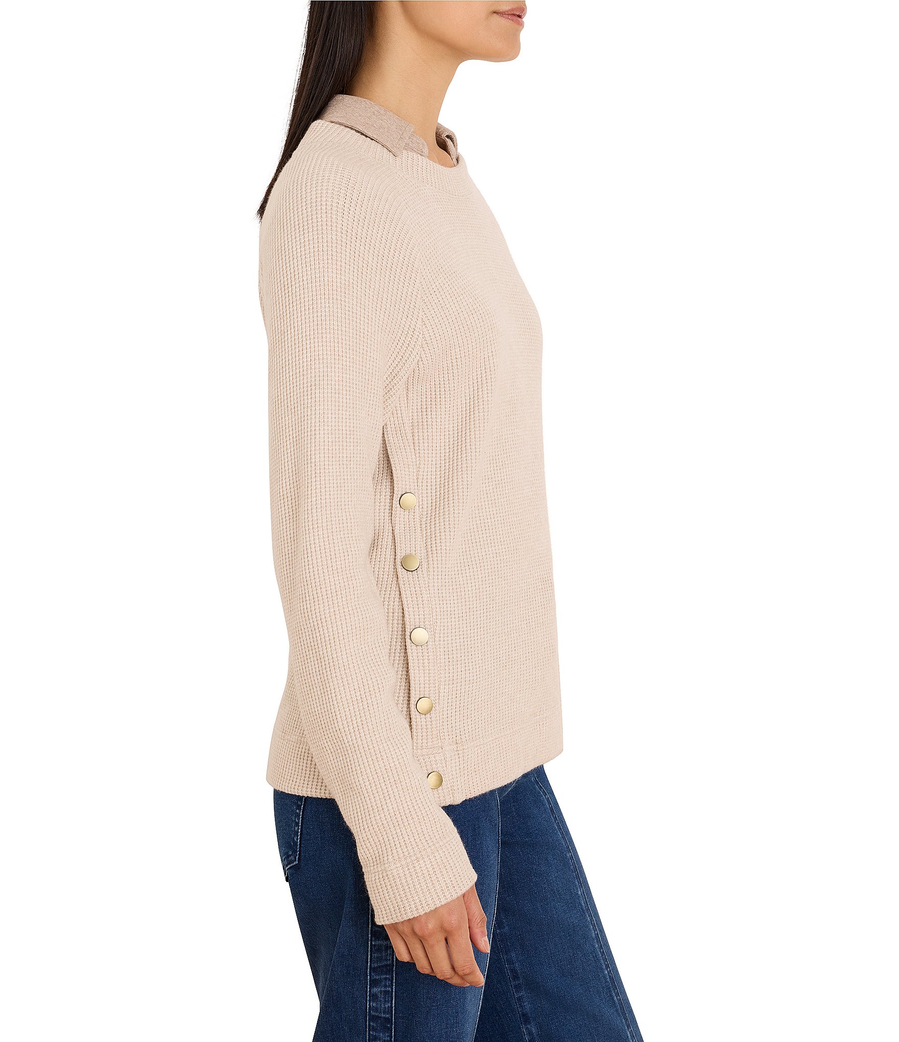 NIC + ZOE Soft Waffle Round Neck Long Raglan Sleeve Side Button Top