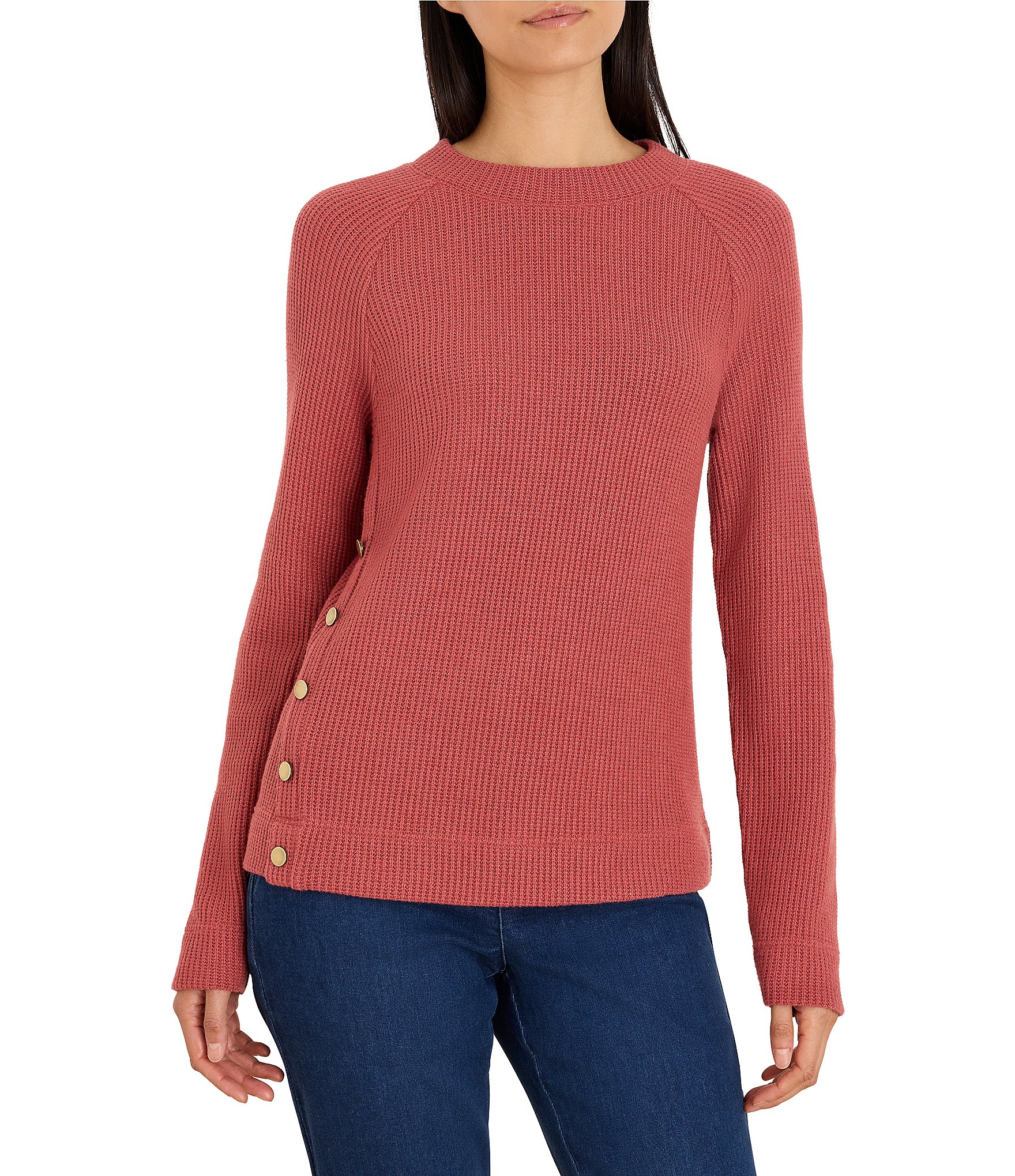NIC + ZOE Soft Waffle Round Neck Long Raglan Sleeve Side Button Top