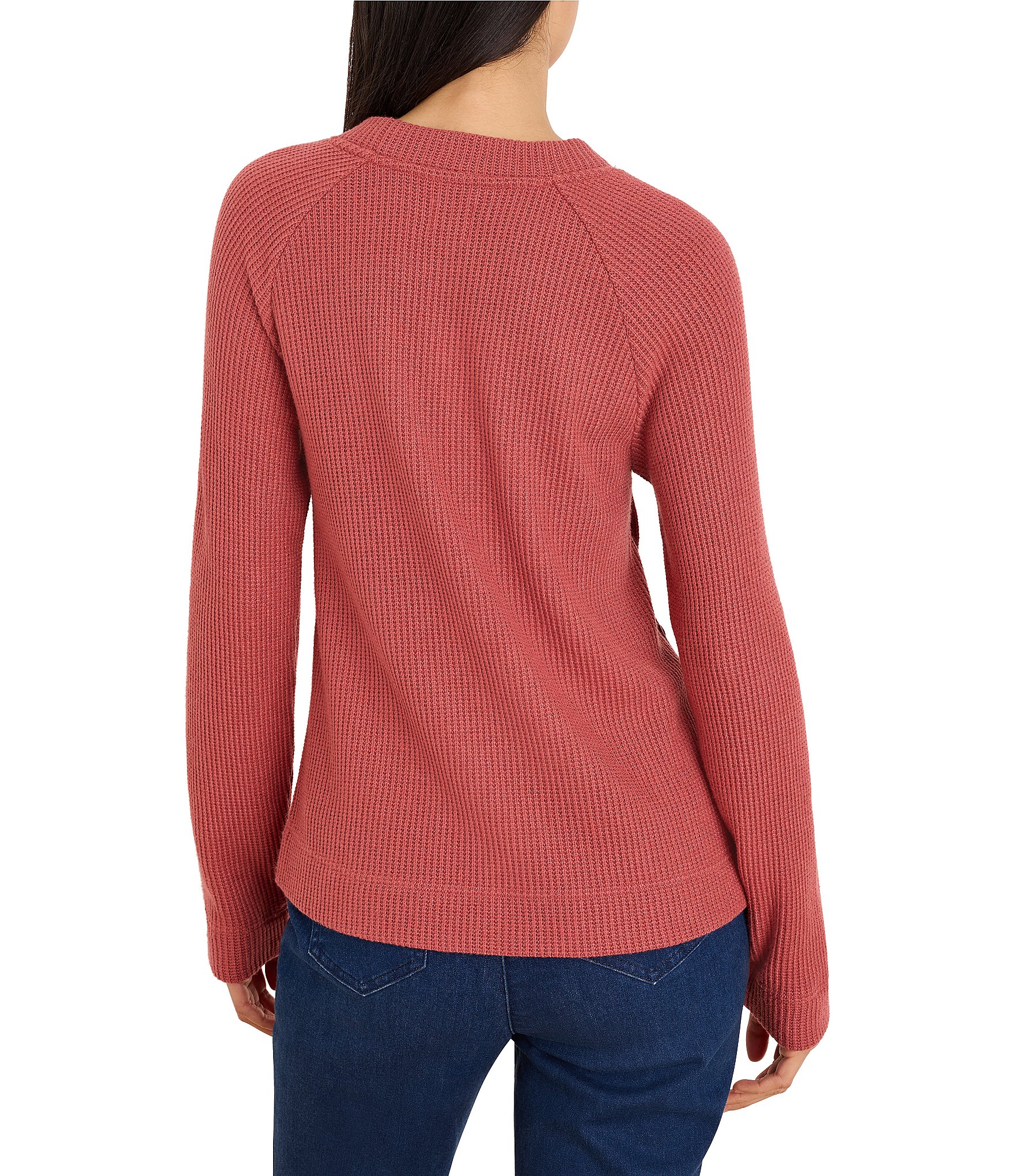NIC + ZOE Soft Waffle Round Neck Long Raglan Sleeve Side Button Top