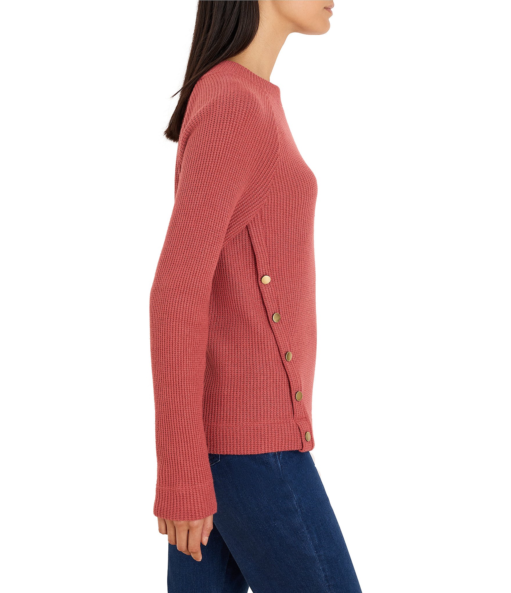 NIC + ZOE Soft Waffle Round Neck Long Raglan Sleeve Side Button Top