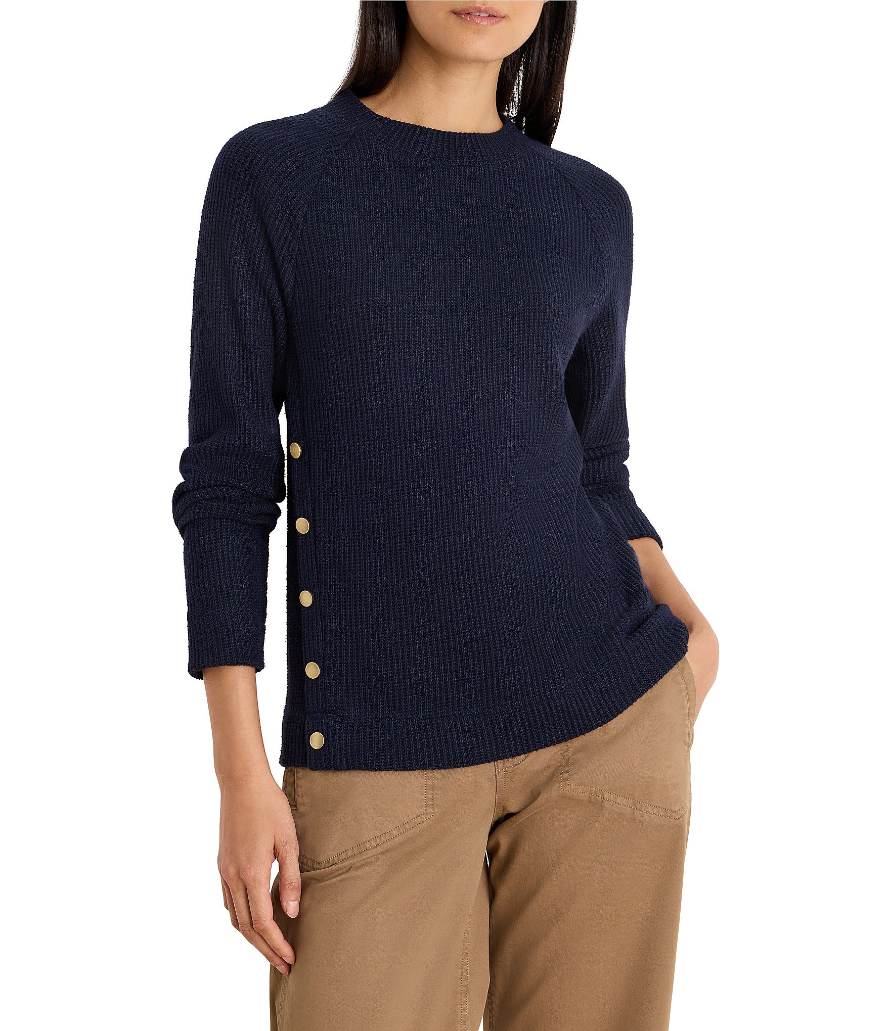 NIC + ZOE Soft Waffle Round Neck Long Raglan Sleeve Side Button Top