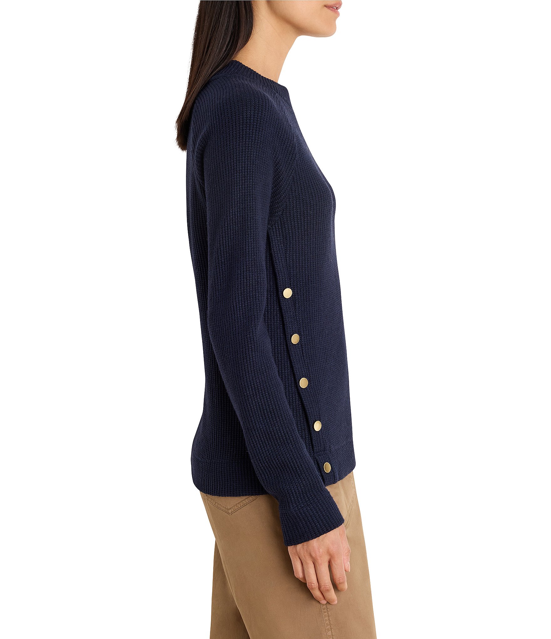 NIC + ZOE Soft Waffle Round Neck Long Raglan Sleeve Side Button Top