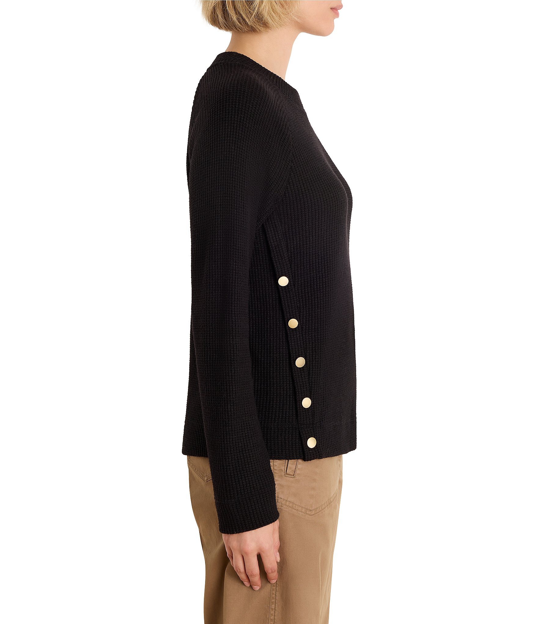 NIC + ZOE Soft Waffle Round Neck Long Raglan Sleeve Side Button Top