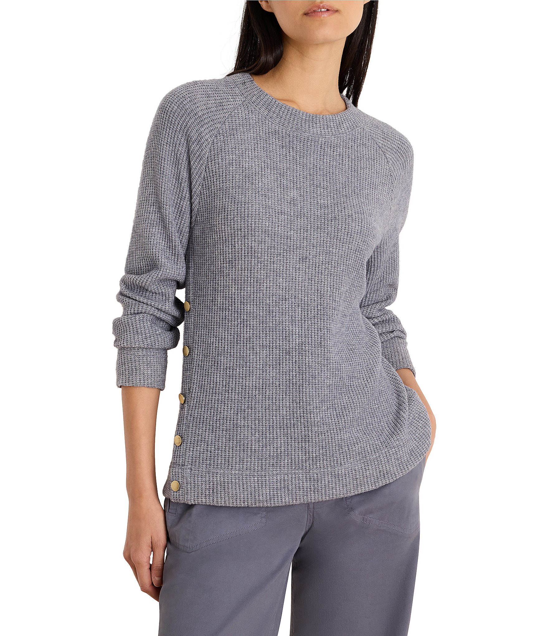 NIC + ZOE Soft Waffle Round Neck Long Raglan Sleeve Side Button Top