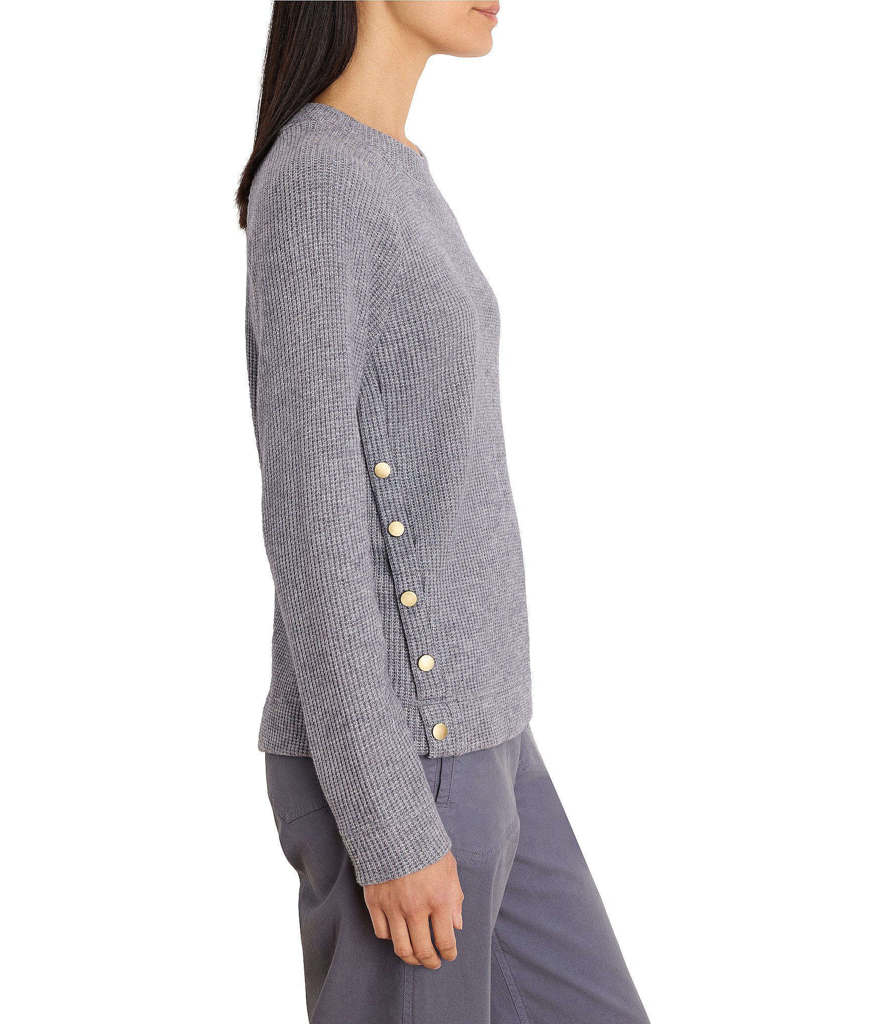 NIC + ZOE Soft Waffle Round Neck Long Raglan Sleeve Side Button Top