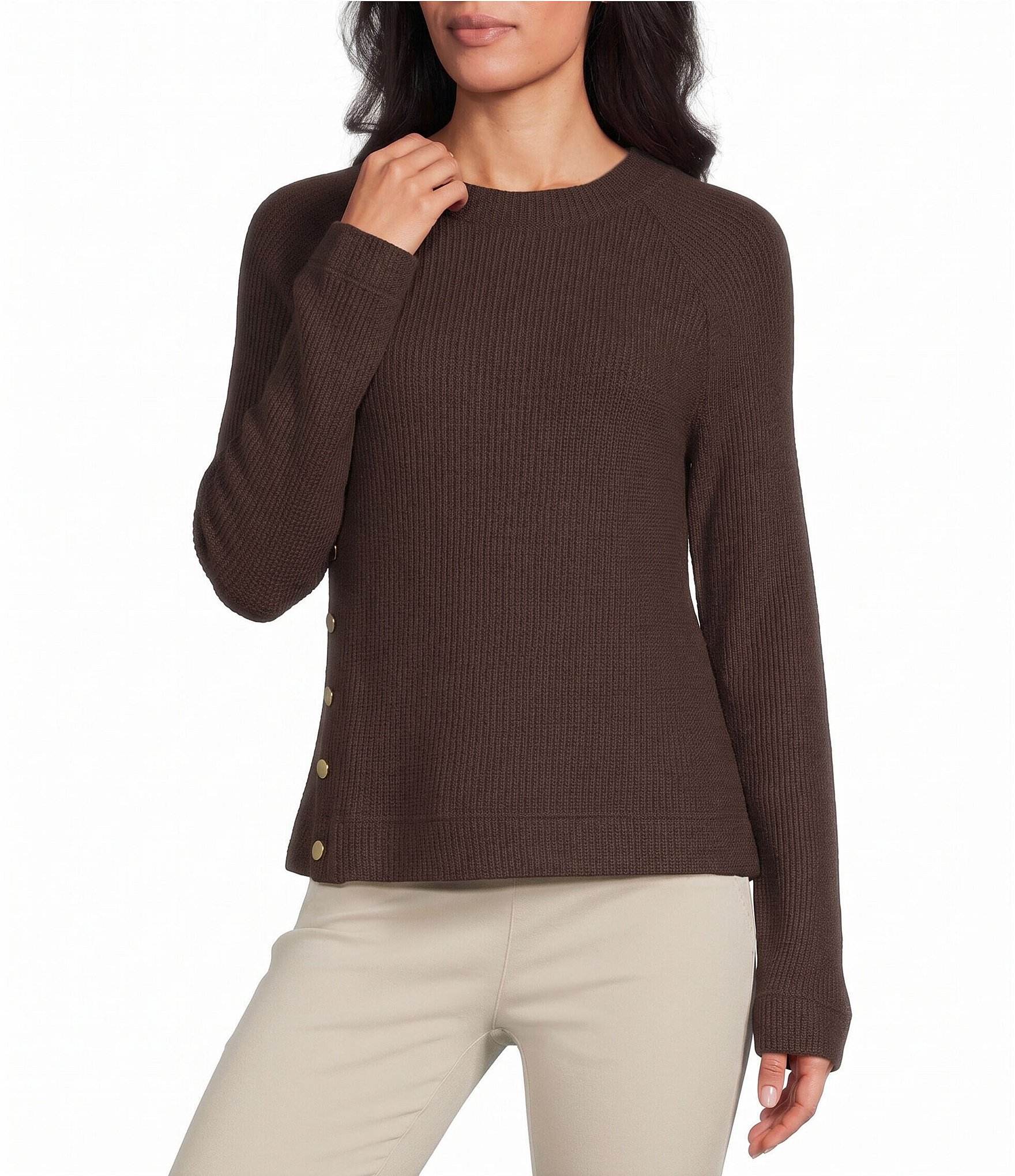 NIC + ZOE Soft Waffle Round Neck Long Raglan Sleeve Side Button Top