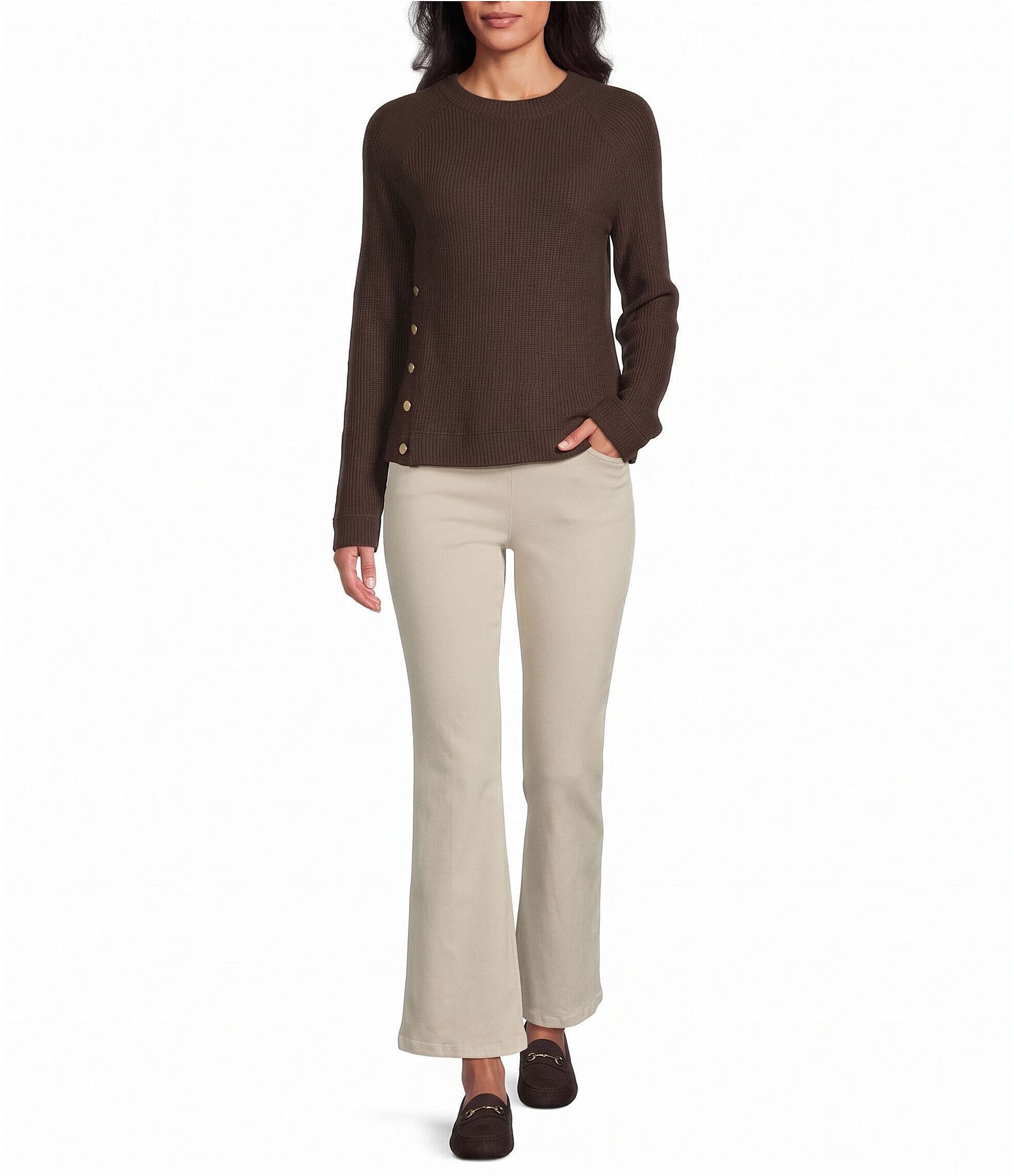 NIC + ZOE Soft Waffle Round Neck Long Raglan Sleeve Side Button Top