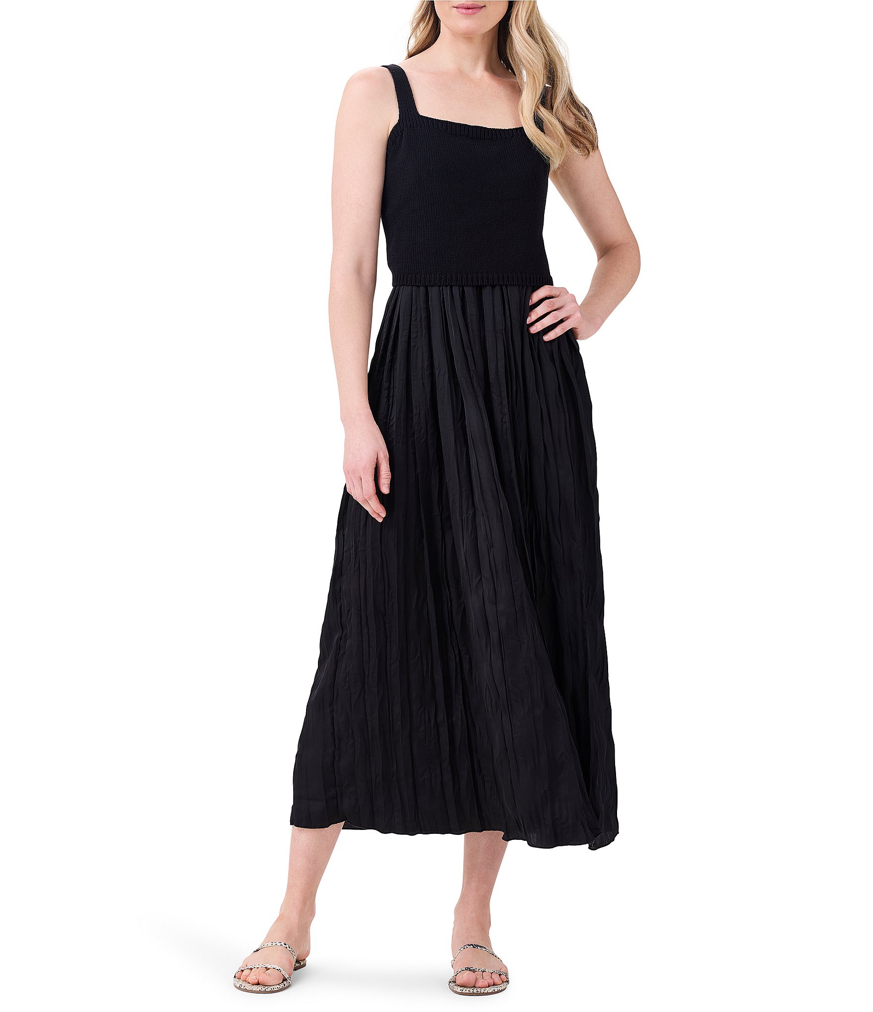 NIC + ZOE Solid Mixed Media Square Neck Sleeveless Pleated A-Line Midi Dress