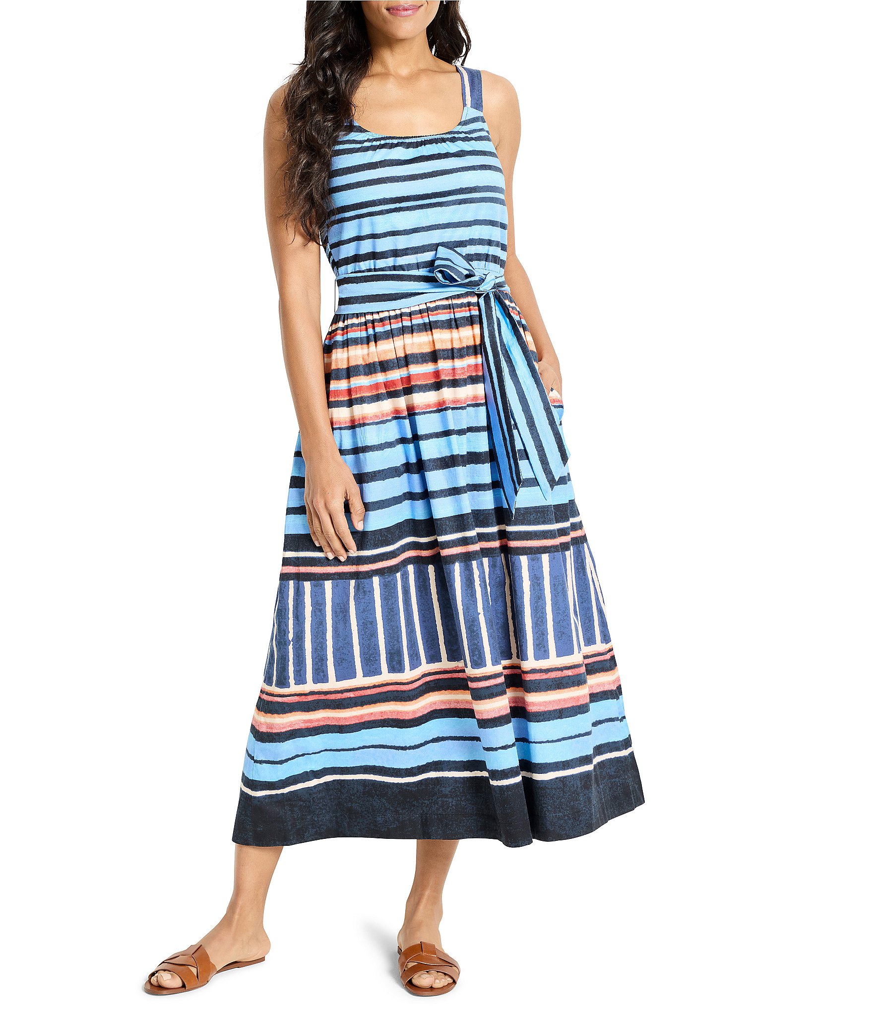 NIC + ZOE Sophie Painted Peninsula Scoop Neck Sleeveless Tie Waist Dress