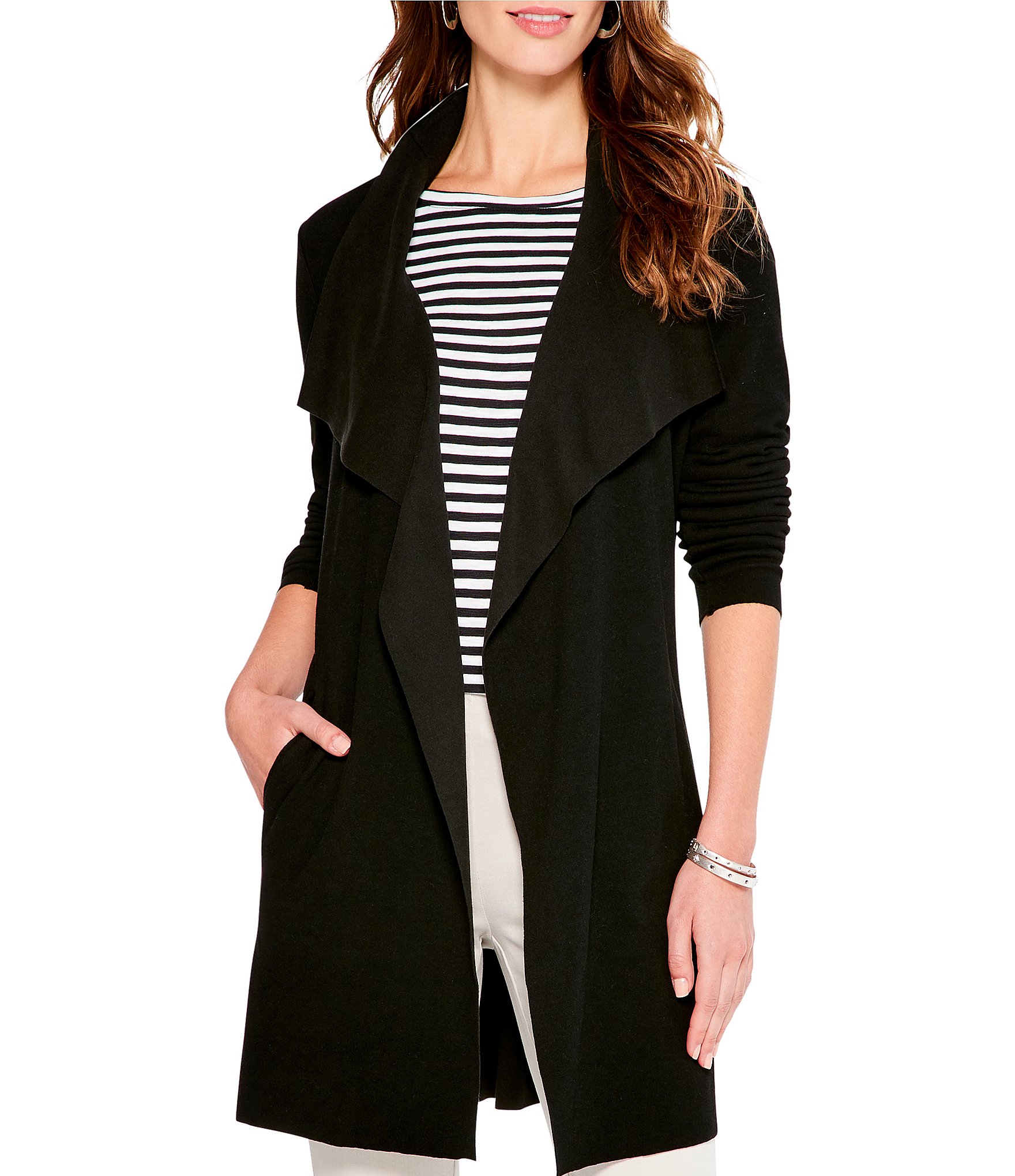 NIC + ZOE Stretch Ponte Knit Long Sleeve Pocketed Lounge Around Draped Front Jacket