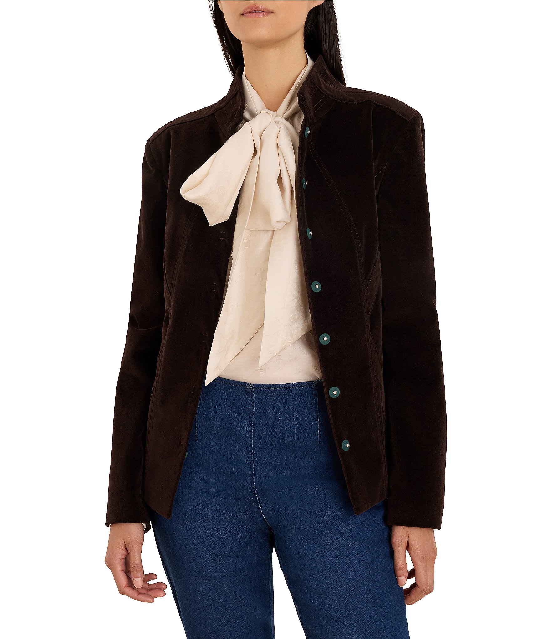 NIC + ZOE Stretch Velvet Stand Collar Long Sleeve Snap-Front Riding Jacket